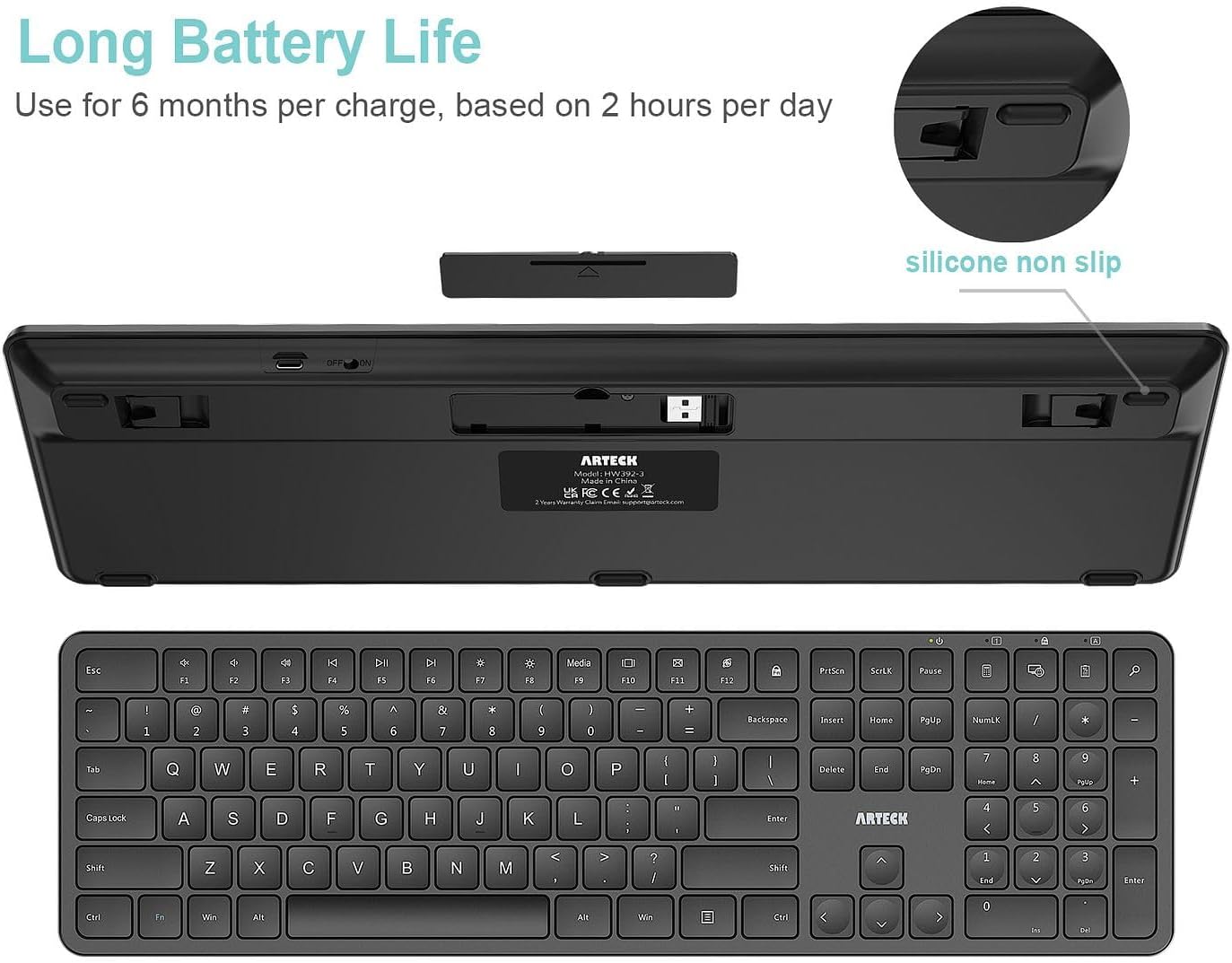 Arteck 2.4G 11/10 USB Wireless Keyboard Ultra Slim Full Size Keyboard with Numeric Keypad and Media Hotkey