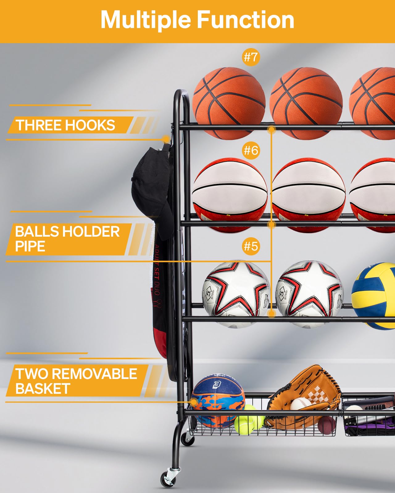 EXTCCT Basketball Rack, Outdoor Rolling Basketball Shooting Training Stand,Sports Equipment Storage with Wheels, Garage Four-layer ball Holder With Two Basket For Basketballs Footballs Volleyball