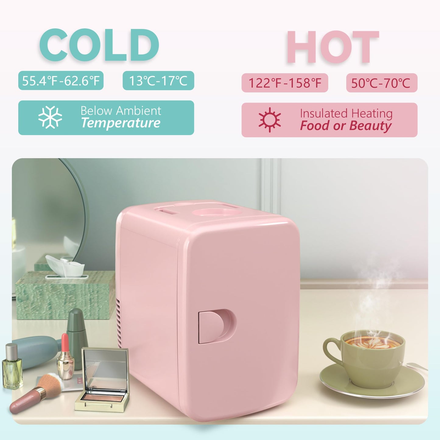 EUHOMY Mini Fridge, 4 Liter/6 Cans AC/DC Small Refrigerator for Skincare, Portable Cooler and Warmer for Skin Care, Cosmetics, Beverage, 4L Makeup Mini Fridge for Bedroom, Car, Office, Dorm, Pink