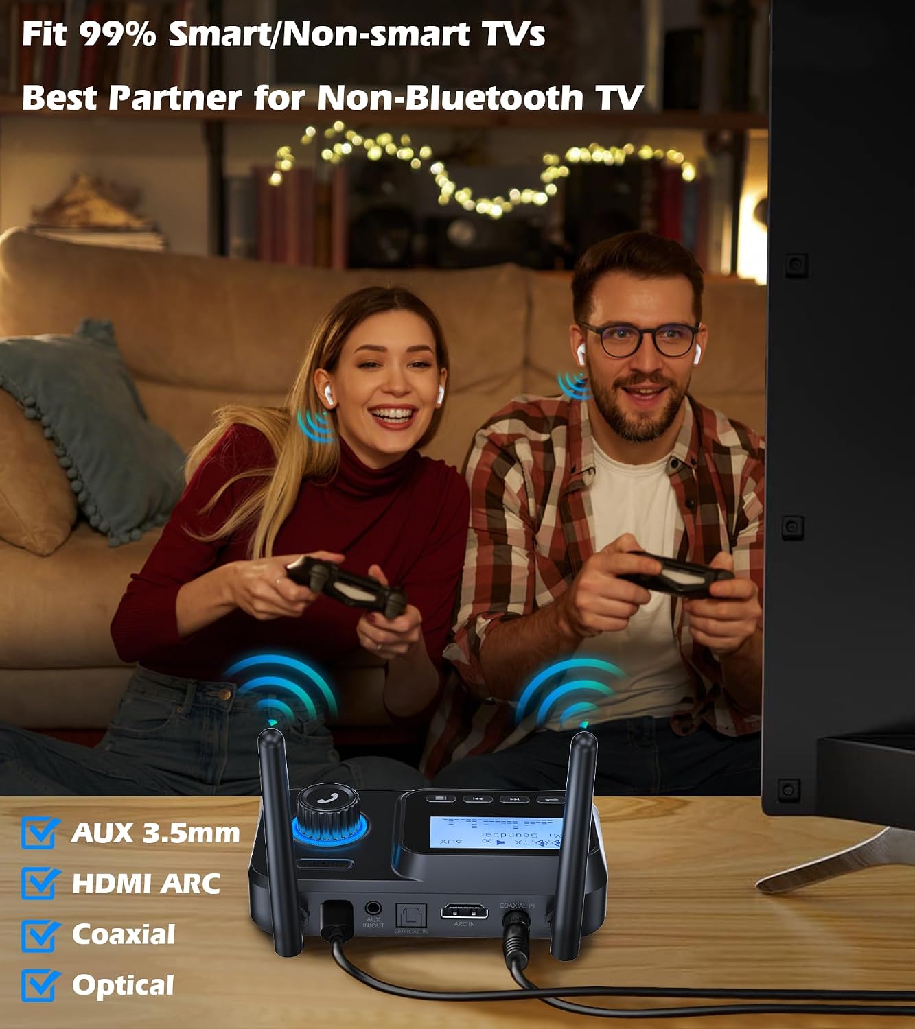 KAIY 2 2 1 Bluetooth Transmitter for TV Dual Link to Headphones, in Wireless Audio Adapter Receiver for Home Stereo