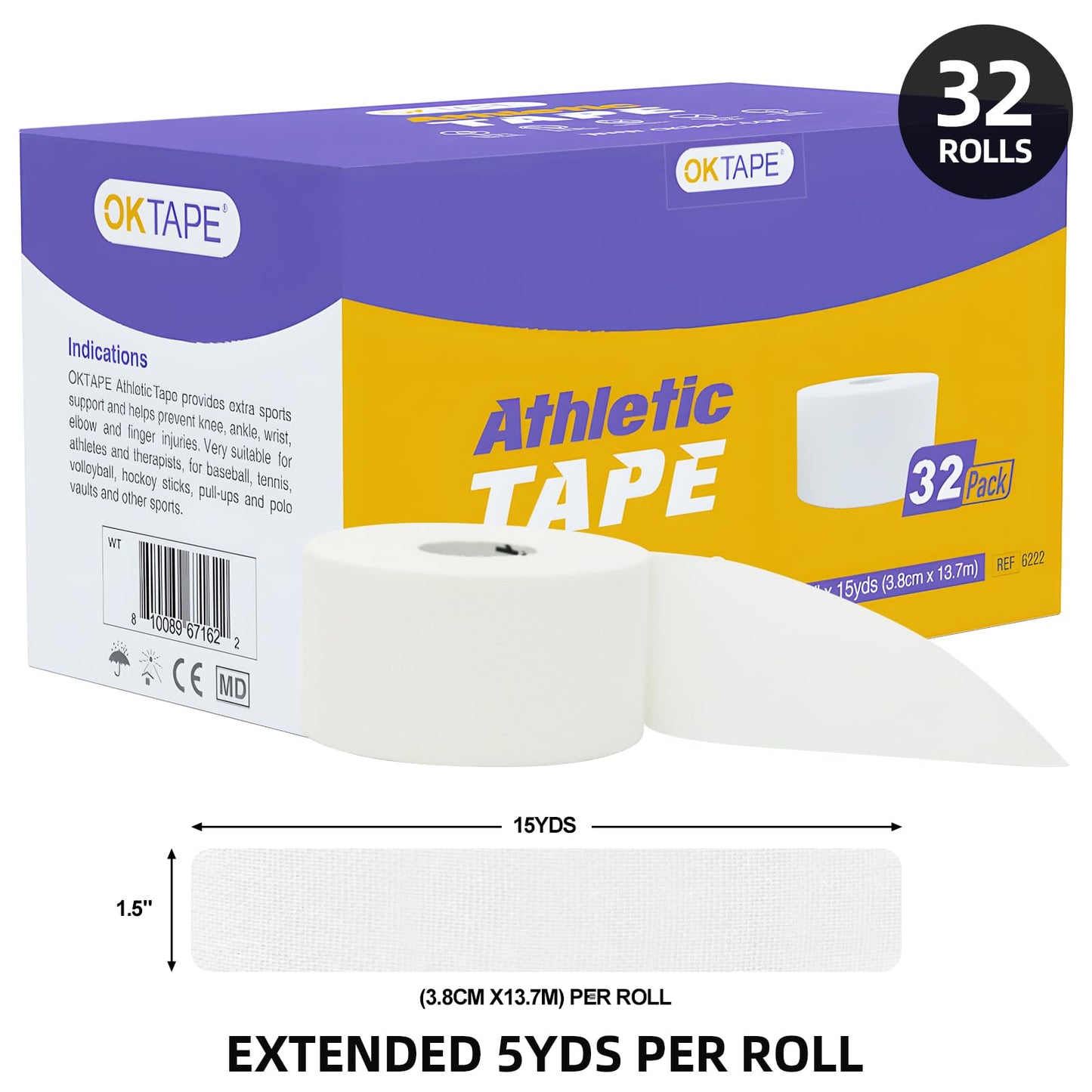 OK TAPE Athletic Sports Tape Bulk（32-Rolls - 480yds Very Strong Tape for Athlete & Sport Trainers & First Aid Injury Wrap, Perfect for Fingers Ankles Wrist on Bat, Hockey Stick - White