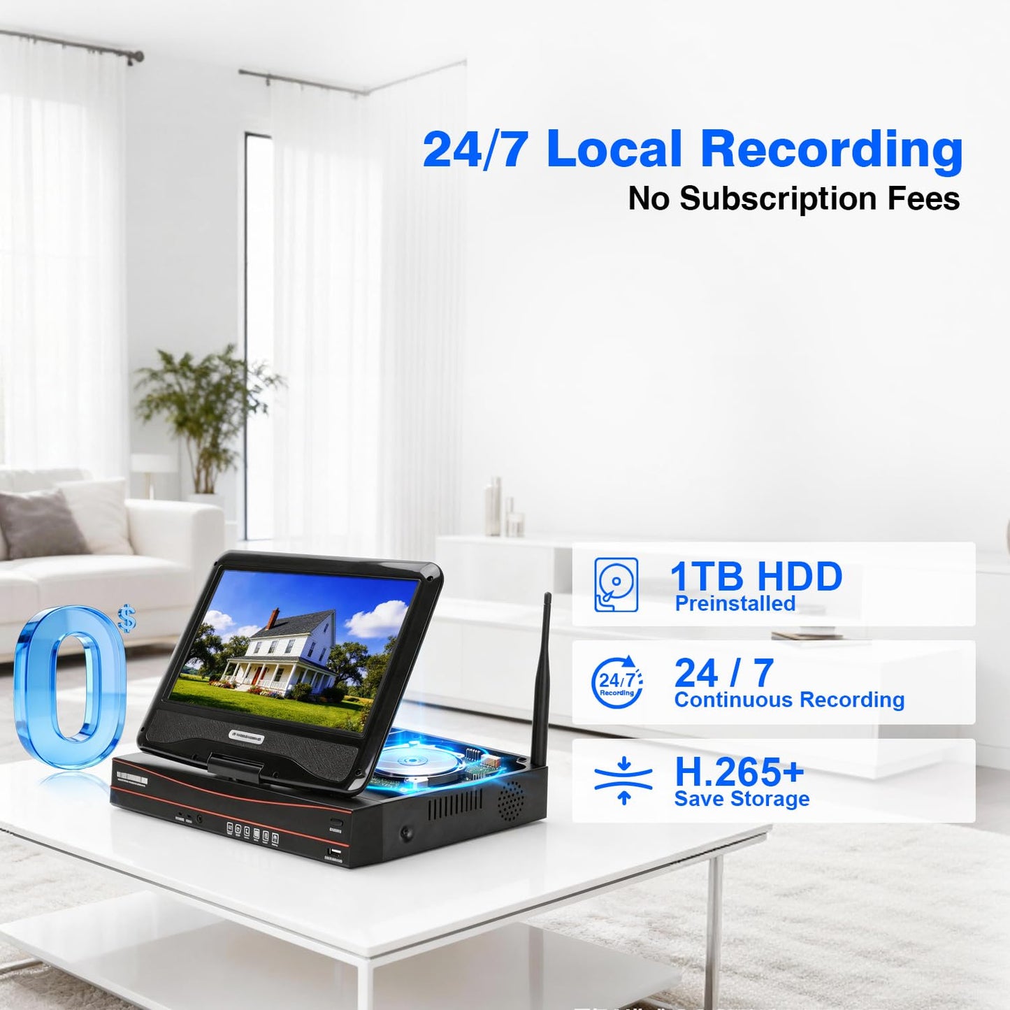 Cromorc Expandable 16CH NVR Wireless Security System 10.1" Monitor, 4 Dual Lens PTZ 4MP Camera, Humanoid Motion Detection, Spotlight, Siren Alarm, 2-Way Audio, in/Outdoor, 1TB HDD, Color Nihgt Vision