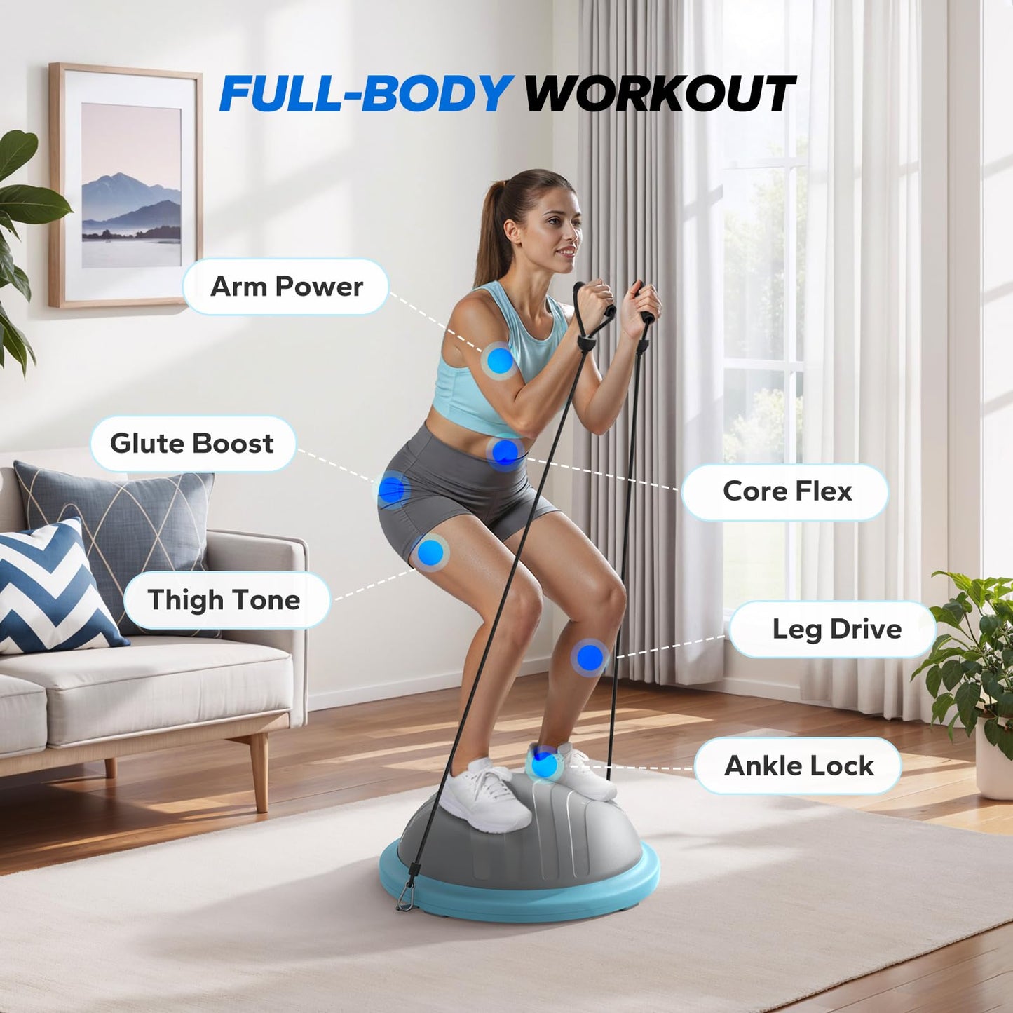 MERACH 3-in-1 Balance Ball Trainer 18'' Lightweight Yoga Exercise Ball with Foot Pump & Bands 450lbs Anti-Slip Design for Home Workouts & Therapy, Blue
