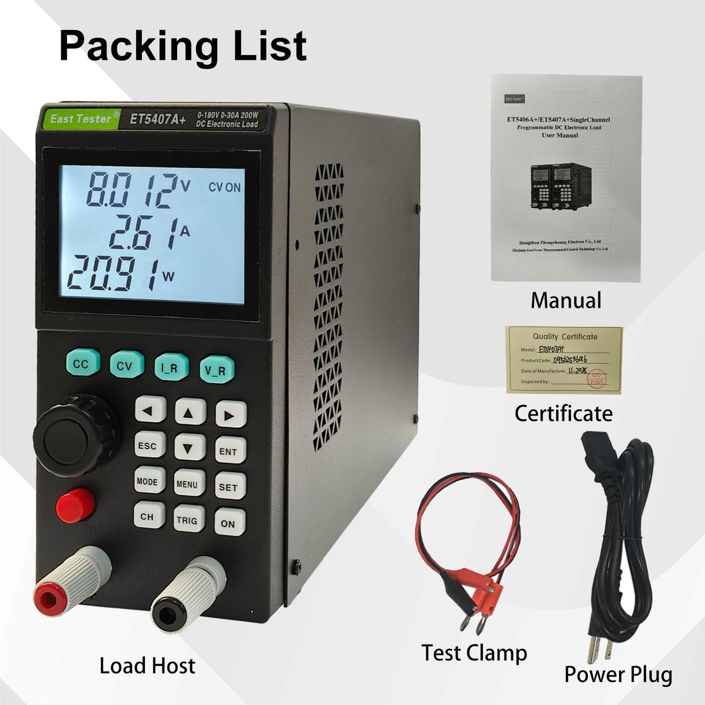 ET5407A+ Programmable DC Electronic Load 200W 0–180V 0–30A 1mV/1mA High-Resolution Battery Power Supply Tester with CC/CV/CR/CP Modes USB Control LCD Display for Lab R&D
