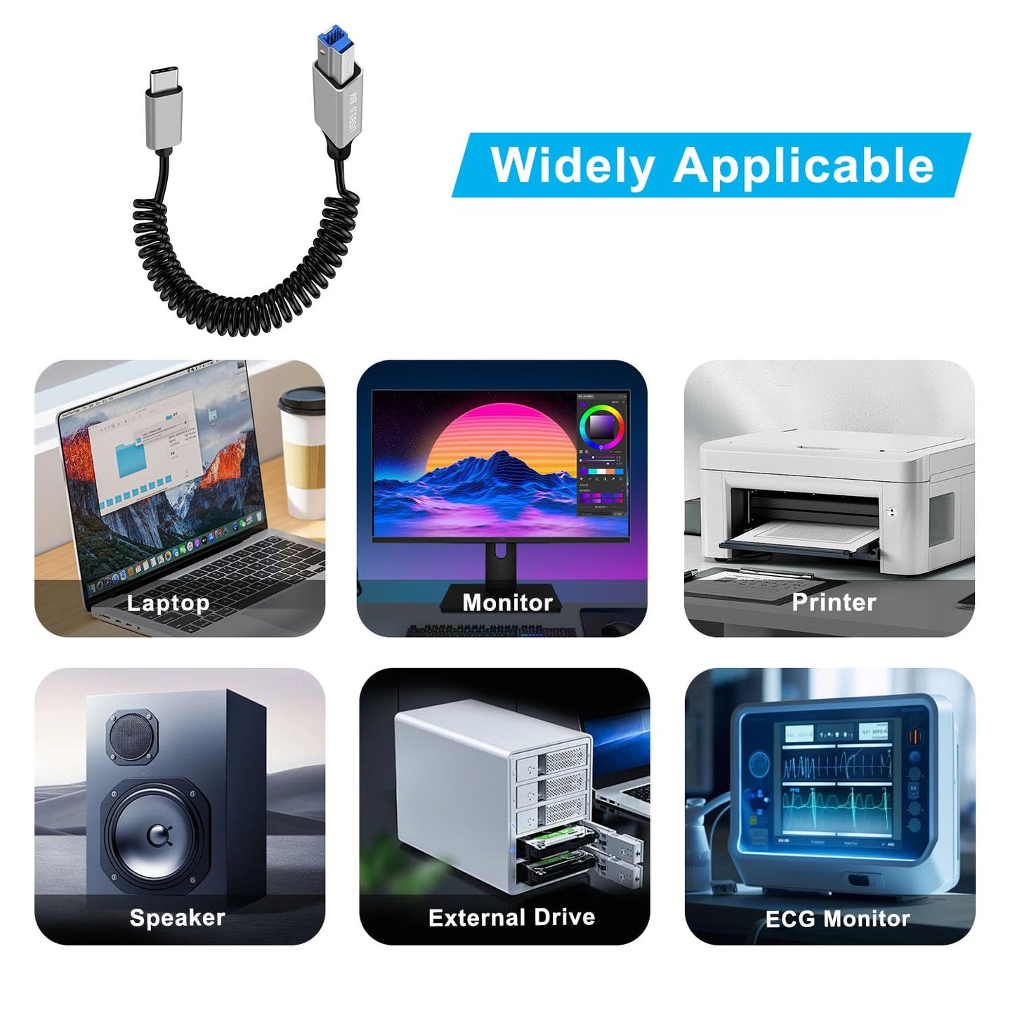 YINGAYOU 3.0 5Gbps, 1 Coiled USB c to B Printer Cable Coiled USB Printer Cable Super Speed for Scanner, External Hard