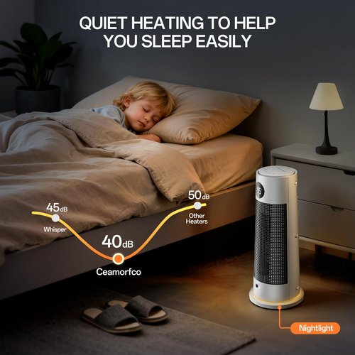 CEAMORFCO Space Heaters for Indoor Use, Portable Electric Heater with Nightlight, 1500W PTC Ceramic Heater with 4 Mode, 12h Timer, Overheat Protection, Safety Heat for Bedroom, Room, Office, Silver