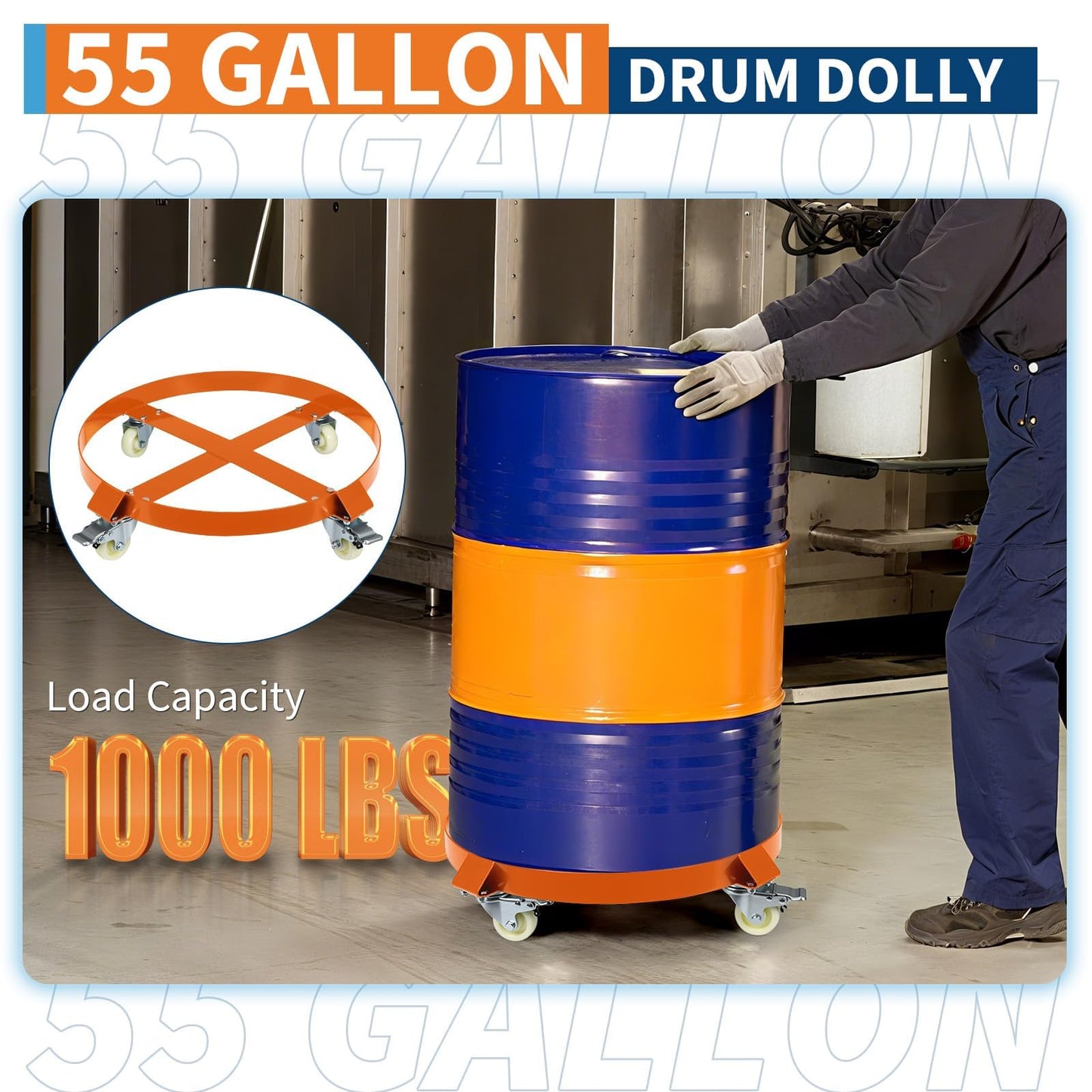 55 Gallon Heavy Duty Drum Dolly, 1,000 Pound Capacity,Barrel Dolly Cart Drum Caddy with Cross Braces & Swivel Casters Wheel,Non Tipping Design,Barrel Cart with Brake for Warehouse Drum Handling