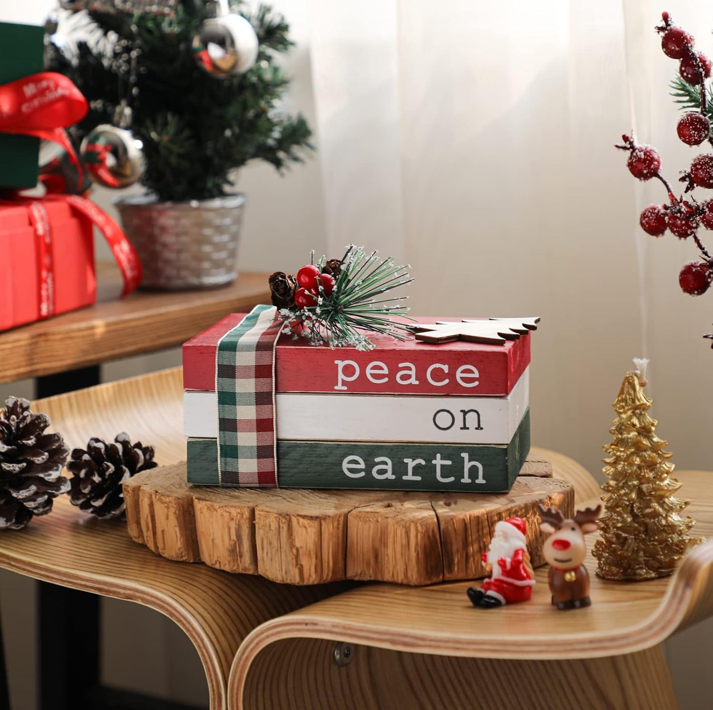 Regine Switzerland Christmas Wood Book Stack - Mini Faux Decorative Books with Pine Berry | Farmhouse Tiered Tray Decor