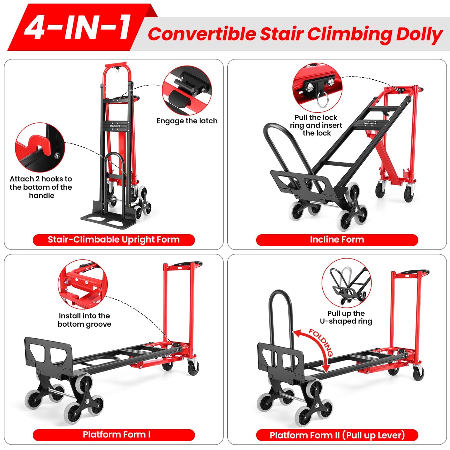 Heavy Duty 1000LBS Stair Climbing Dolly, 3 in 1 Convertible Hand Truck, Folding Hand Truck Dolly Cart with Solid Wheels for Moving/Travel/Office (Red)