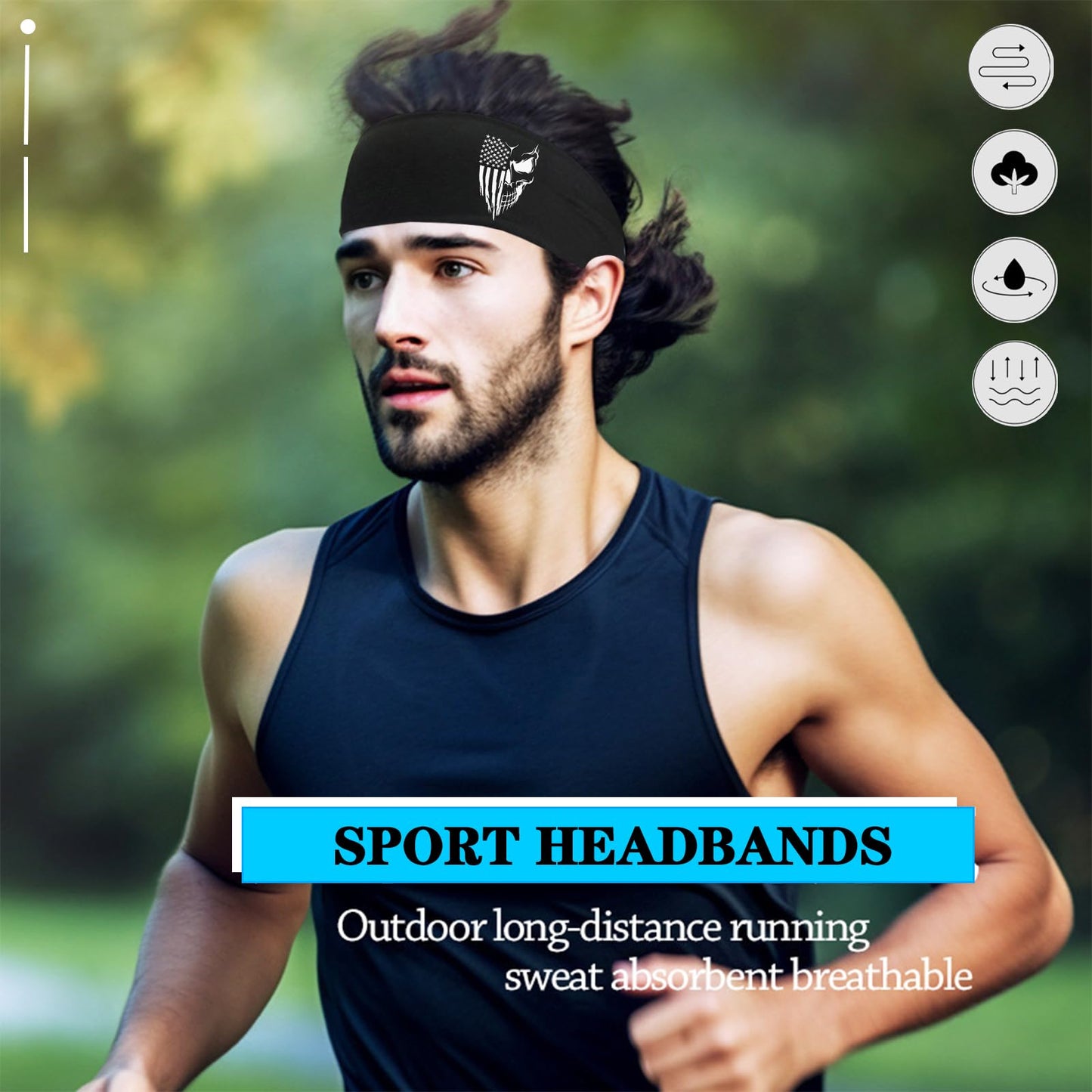 Sweat Bands Headbands Men Sport Headbands Sweatbands for Men 3 Pcs American Flag Skull Cooling Headband Mens Workout Head Bands for Sweat Elastic Hairband for Running Tennis Gym Hiphop