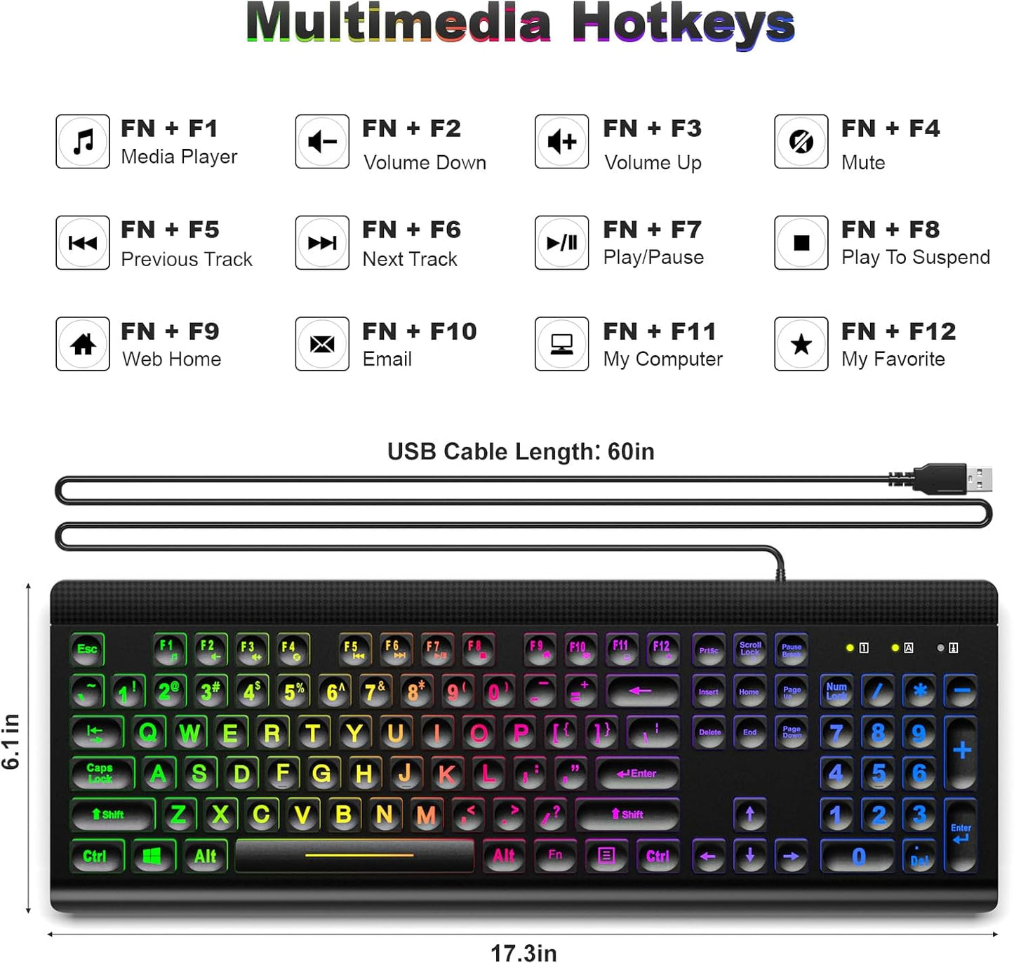 Atelus Large Print Backlit Keyboard, USB Wired Computer Keyboard, Full Size Keyboard with Rainbow Illuminated LED