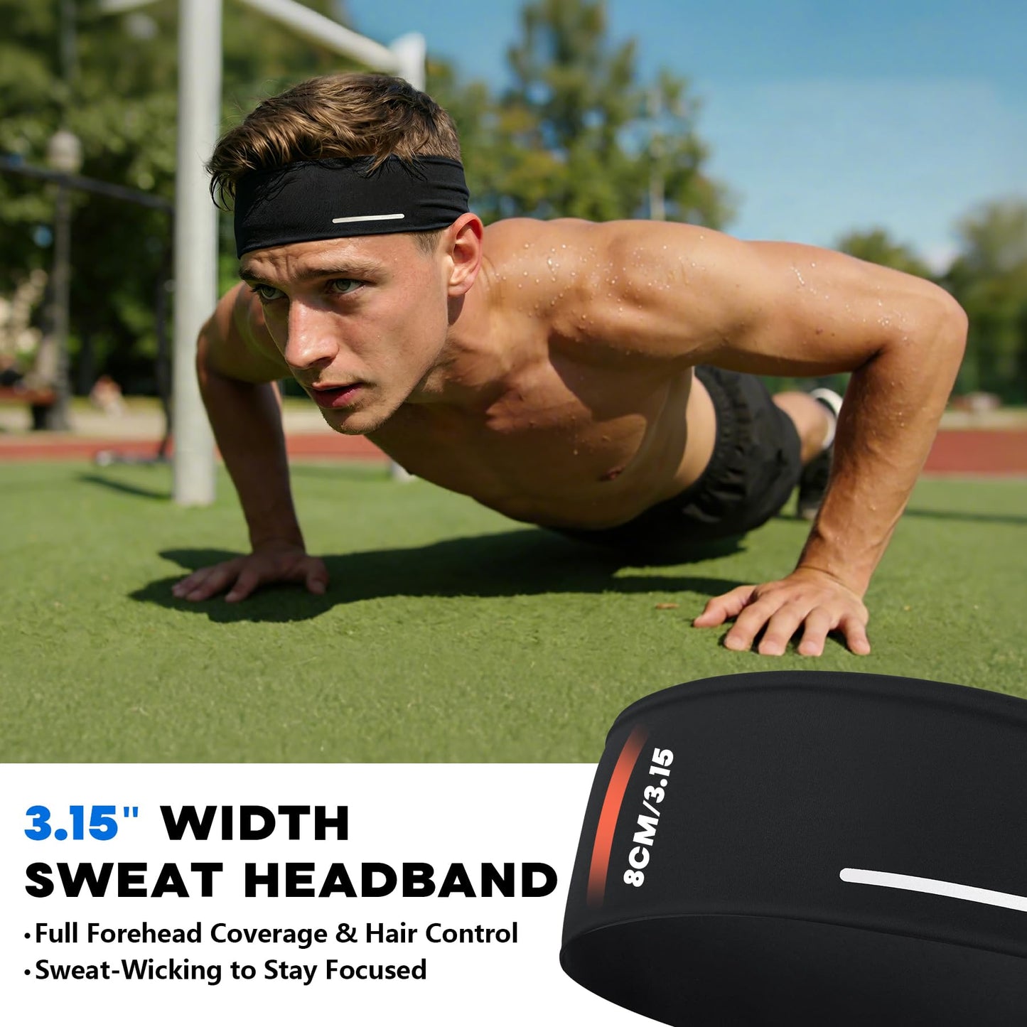 Sukeen Lightweight Sports Headbands for Men, Moisture Wicking Sweat Bands Headbands Non-Slip, Reflective Elastic Mens Headband for Running, Cycling, Gym, Fitness, Sports, Black