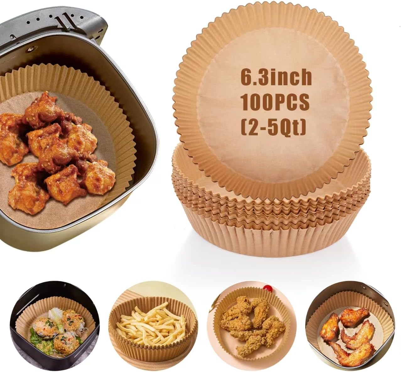 Skiennix Disposable Air Fryer Liners - 100PCS Non-Stick Parchment Paper, 6.3 Inch for 2-5QT Air Fryers