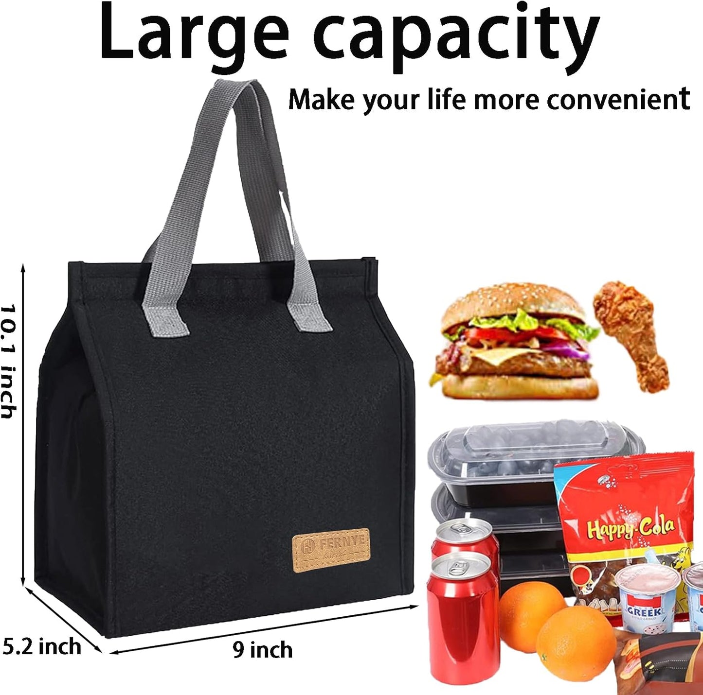Skiennix Waterproof Lunch Bag - Reusable Portable Tote for Work, Travel & Picnics | Light Black