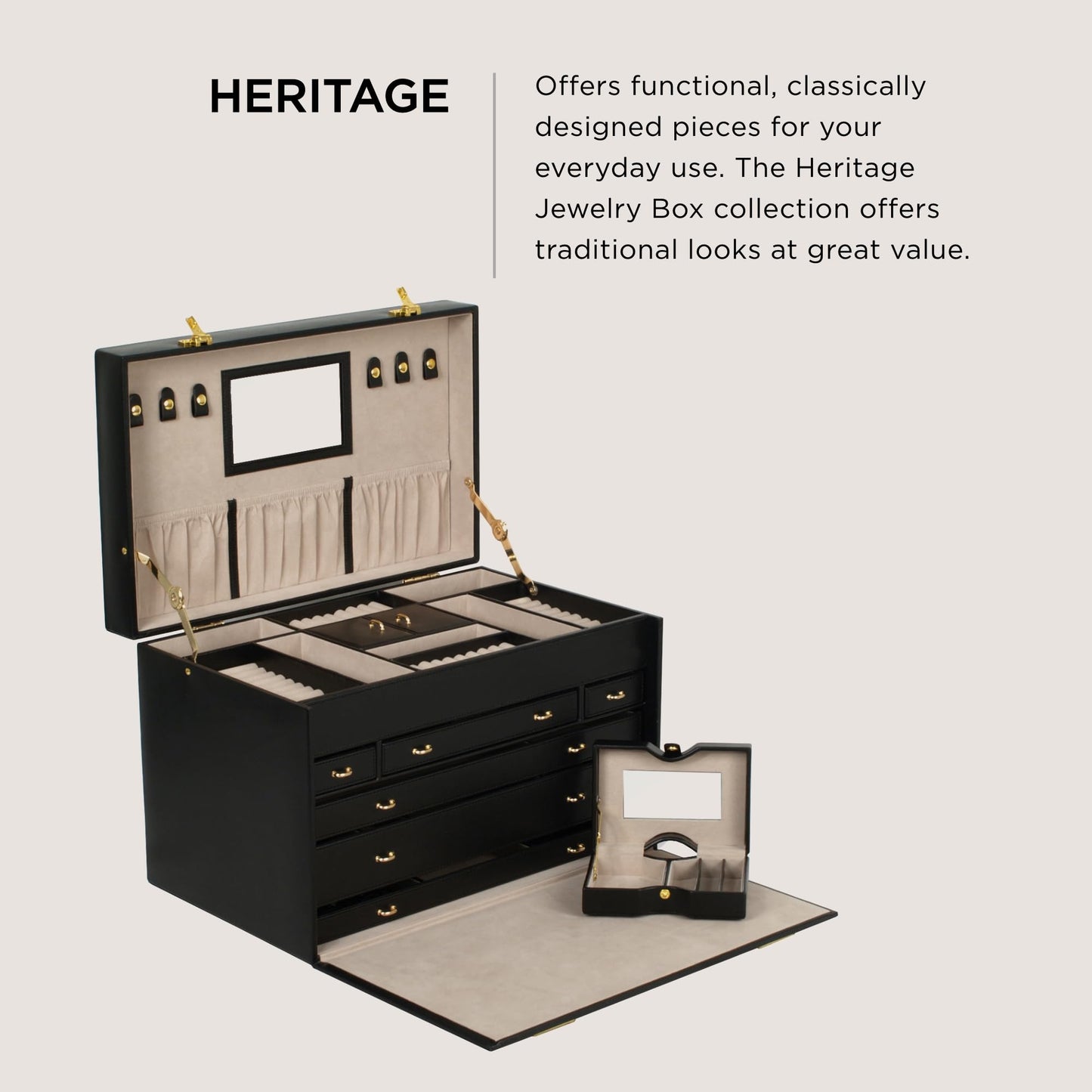WOLF Heritage Jewelry Armoire, Black - 37 Compartments, 59 Ring Rolls, 136 Earring Holes, Seven Necklace Holders & Four Watch Compartments - Includes Travel Case