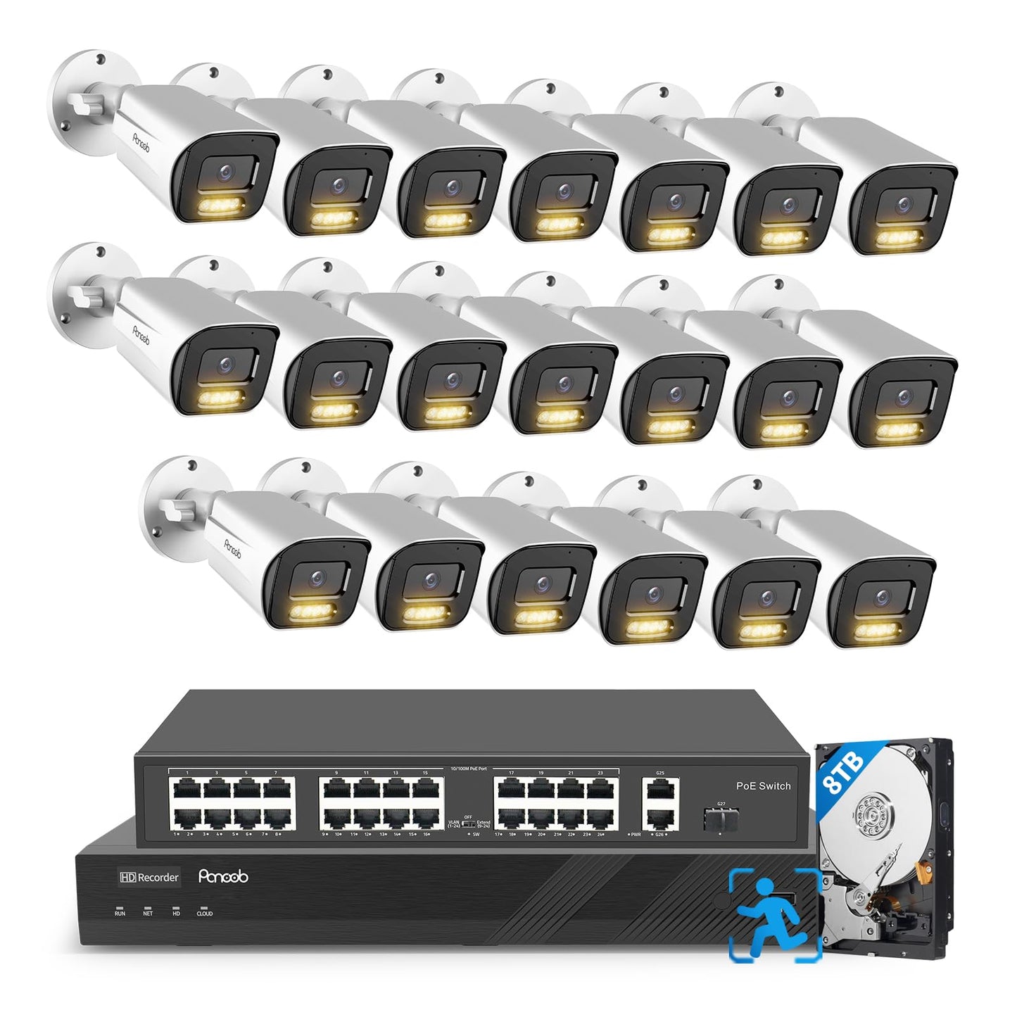 PANOOB 32 Channel Security Camera System, H.265 20pcs 5MP PoE IP Bullet Camera, Smart Color Night Vision, 2 Way Audio Talking, AI Human Detection, Remote Access, 4K 32 Channel NVR 8TB, PB65A2032-5MD