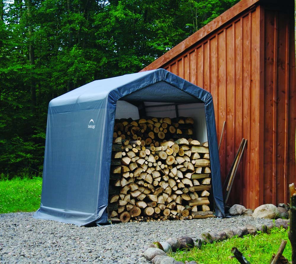 ShelterLogic 8' x 8' Shed-in-a-Box All Season Steel Metal Frame Peak Roof Outdoor Storage Shed with Waterproof Cover and Heavy Duty Reusable Auger Anchors, Grey | Pull-Eaze Roll-Up Door Kit