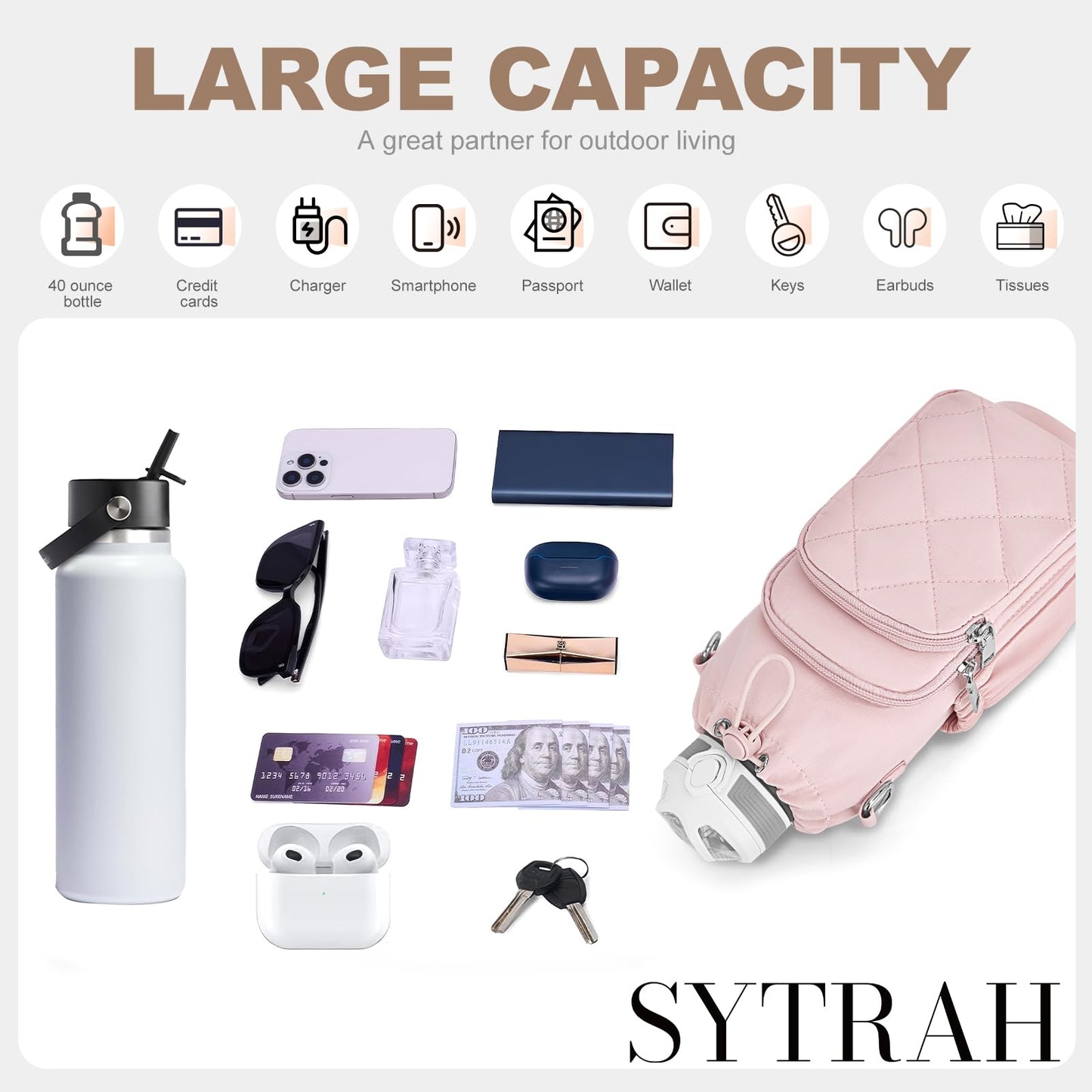 SYTRAH Water Bottle Bag Crossbody，Insulated Water Bottle Purse Crossbody Water Bottle Holder with Strap 40 oz, Sling Bag for Walking Hiking, Pink