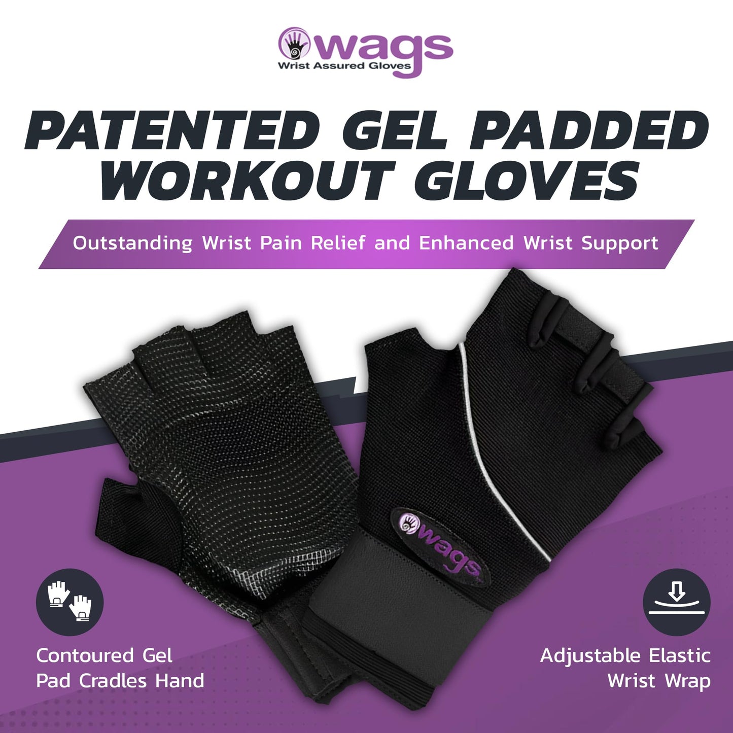 WAGs Ultra Wrist Assured Gloves - Workout Support for Women and Men With Patented Ergonomic Gel Pad and Wrap, Large, Black
