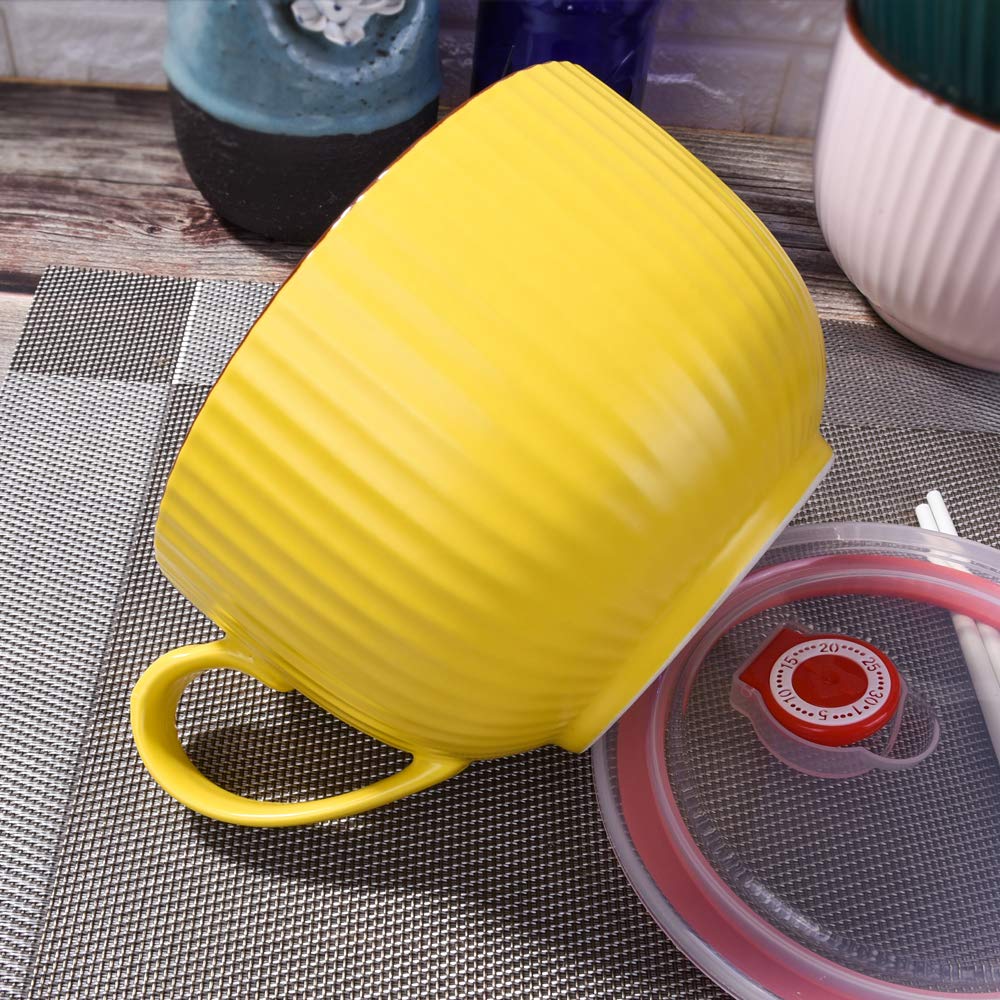 BOSILI 24oz Ceramic Soup Mug with Lid and Handle, Large Microwave Ramen Bowl for Dorm & Office, Vibrant Yellow Ribbed Cereal Cup for Oatmeal & Soup, Dishwasher & Fridge Safe, Gift for Roommates