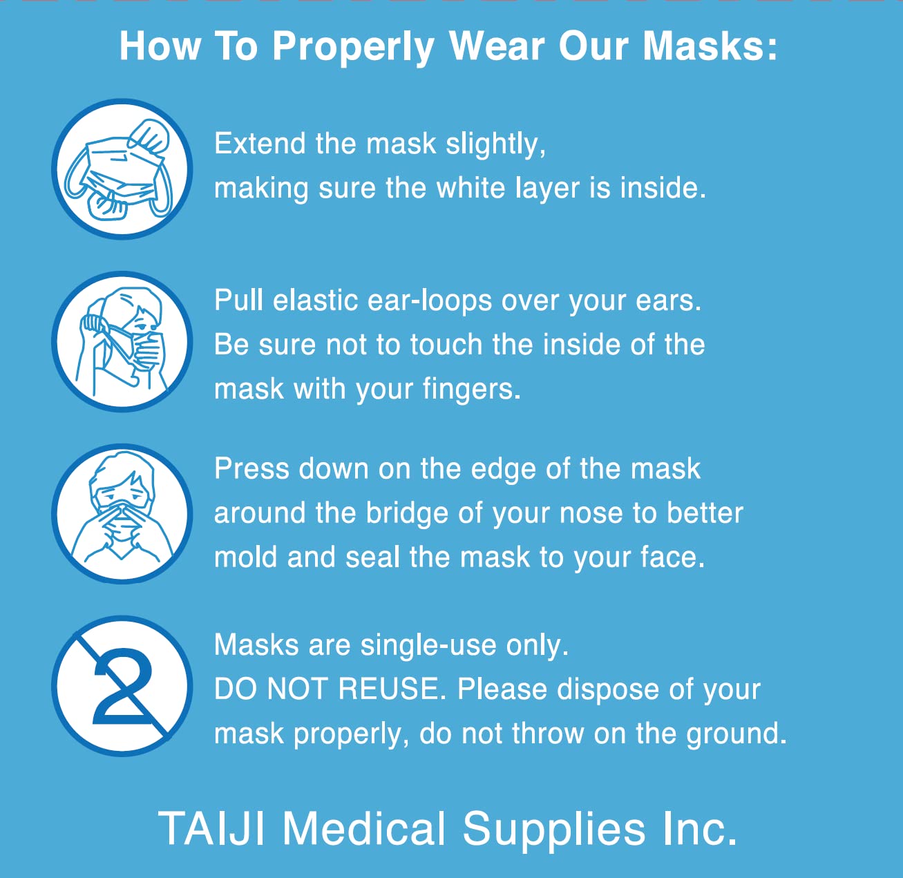 TAIJI Medical Supplies TMS Consumer Series 3-Layer Face Mask by US98, Made in USA F3502 LV2 96% Filtration, Soft, Hypoallergenic and Highly Breathable, Premium Latex-free, Single-Use, 50-Count Box.