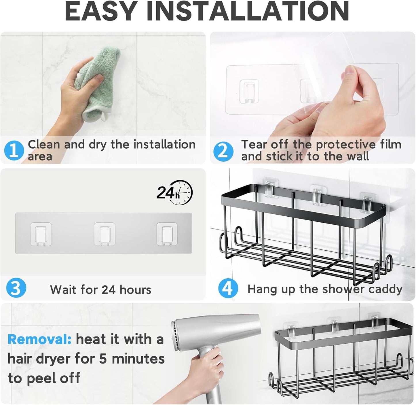 Skiennix Shower Caddy Hooks - 14 Pack Transparent Waterproof Adhesive Wall Hooks | No Drilling Required