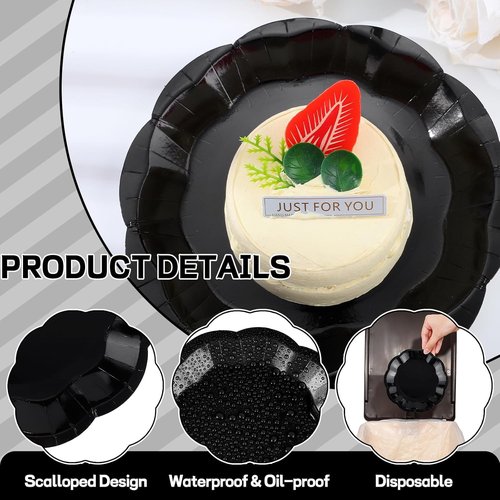 NatNarr 30 Pcs Black Paper Plates - 7 Inch Scalloped Disposable Dessert Plates for Parties & Events