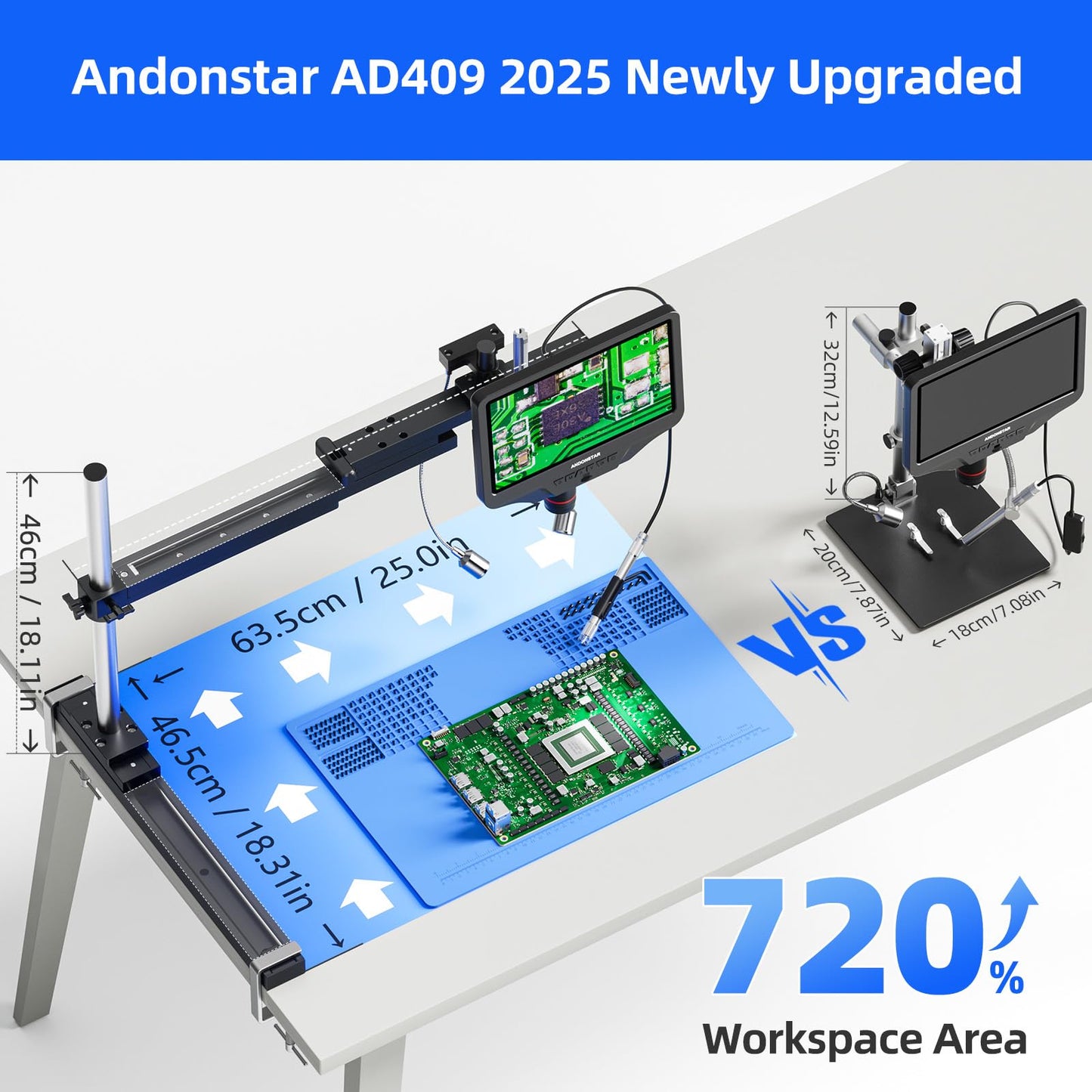 Andonstar AD409 SA 10.1'' HDMI Soldering Digital Microscope with Slide Rail Arm, Endoscope, 300X USB Electronic Microscope Camera for Professional PCB Repair, Soldering, Electronics, Windows PC