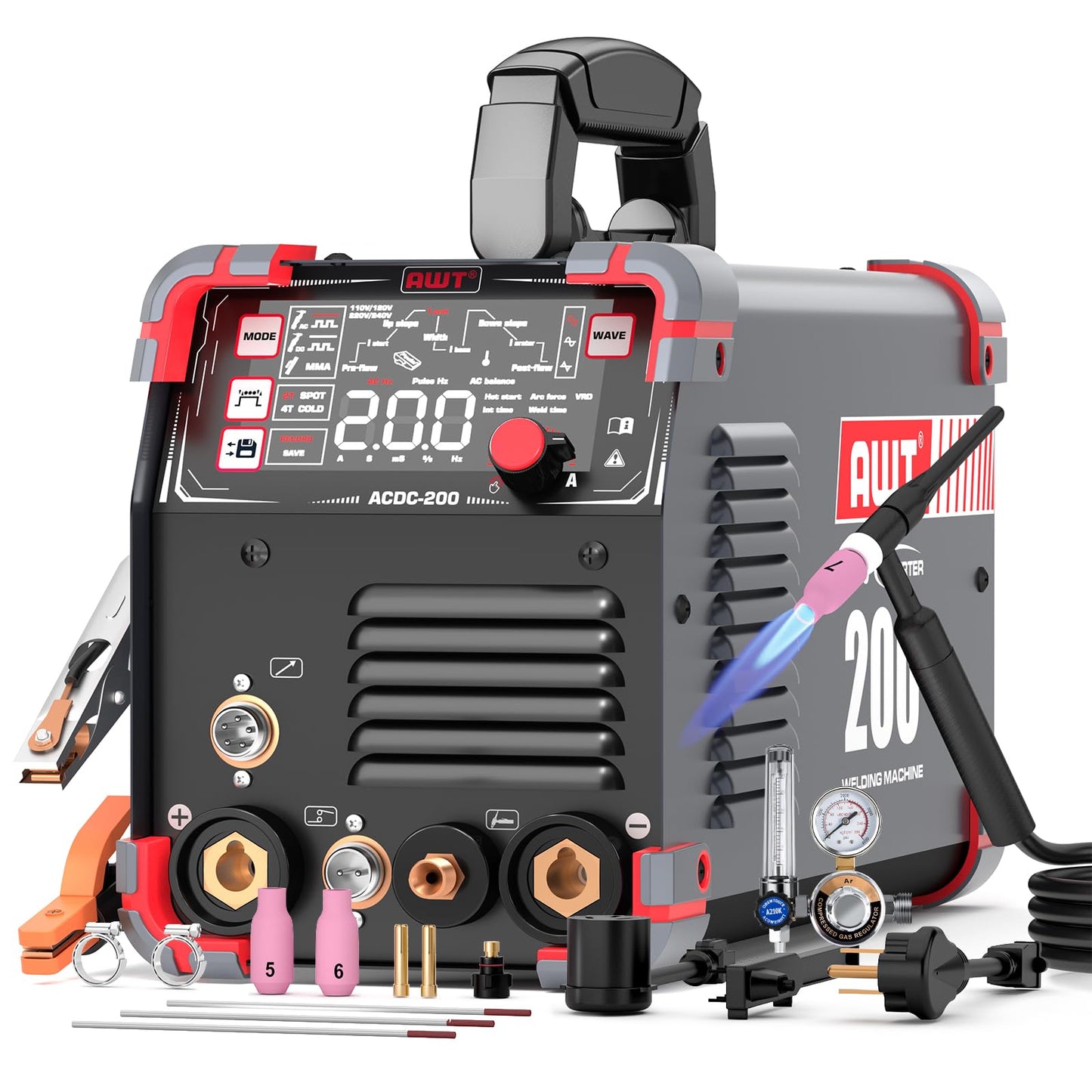 AWT AC/DC 200A TIG Welder Machine With Pulse,10 IN 1 Aluminum TIG Welder 110V/220V With LED Display,AC DC HF TIG/PULSED TIG/COLD TIG/SPOT TIG/STICK Welding Machine with 2T/4T