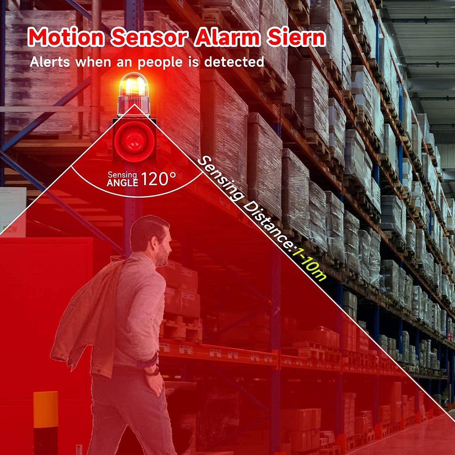 Y DIANS S Motion Sensor Alarm 120dB Horn Adjustable Volume Tones Waterproof LED Strobe Light Sirens Motion Detector Alarm System for Home Factories, Warehouses and Docks Security AC110-120 V SLA-01W