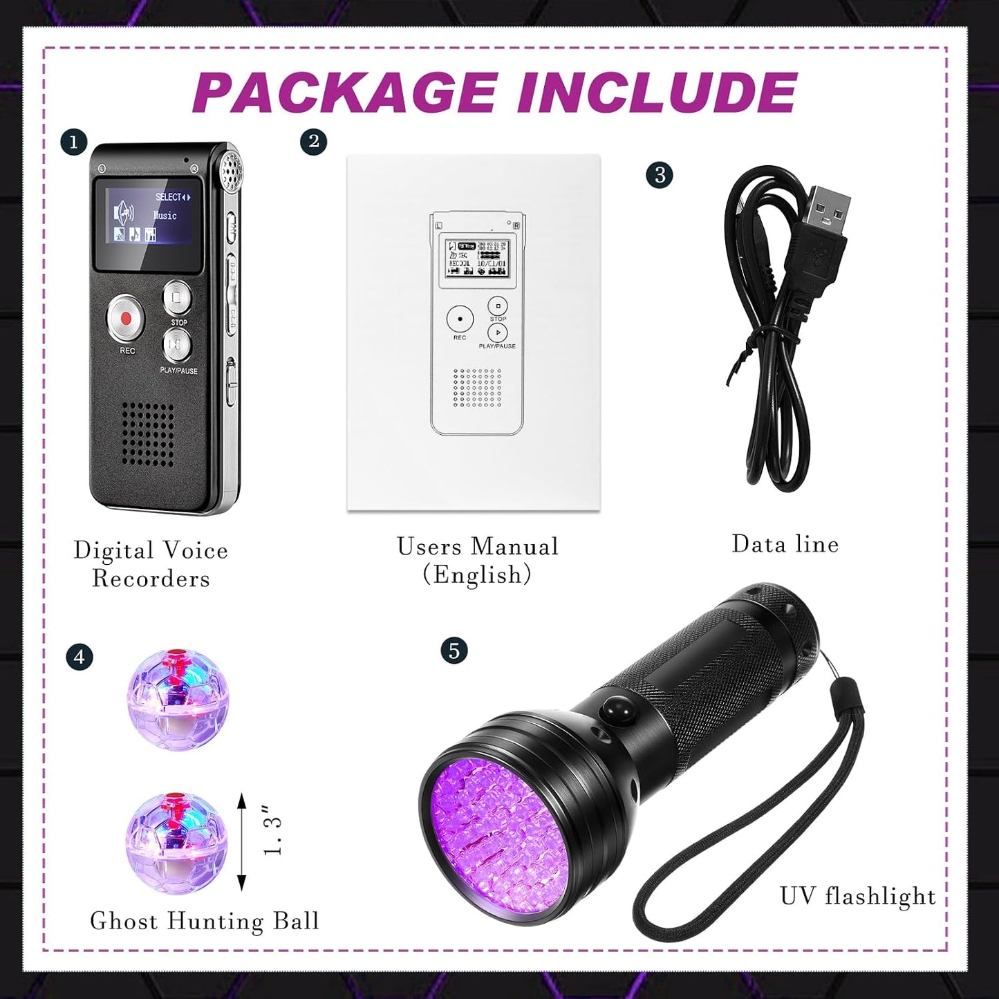 Dunzy 4 1 8 1 2 Pcs Ghost Hunting Equipment Kit Include EVP Voice Recorder Gb UV Flashlight LED Light up Cat Balls