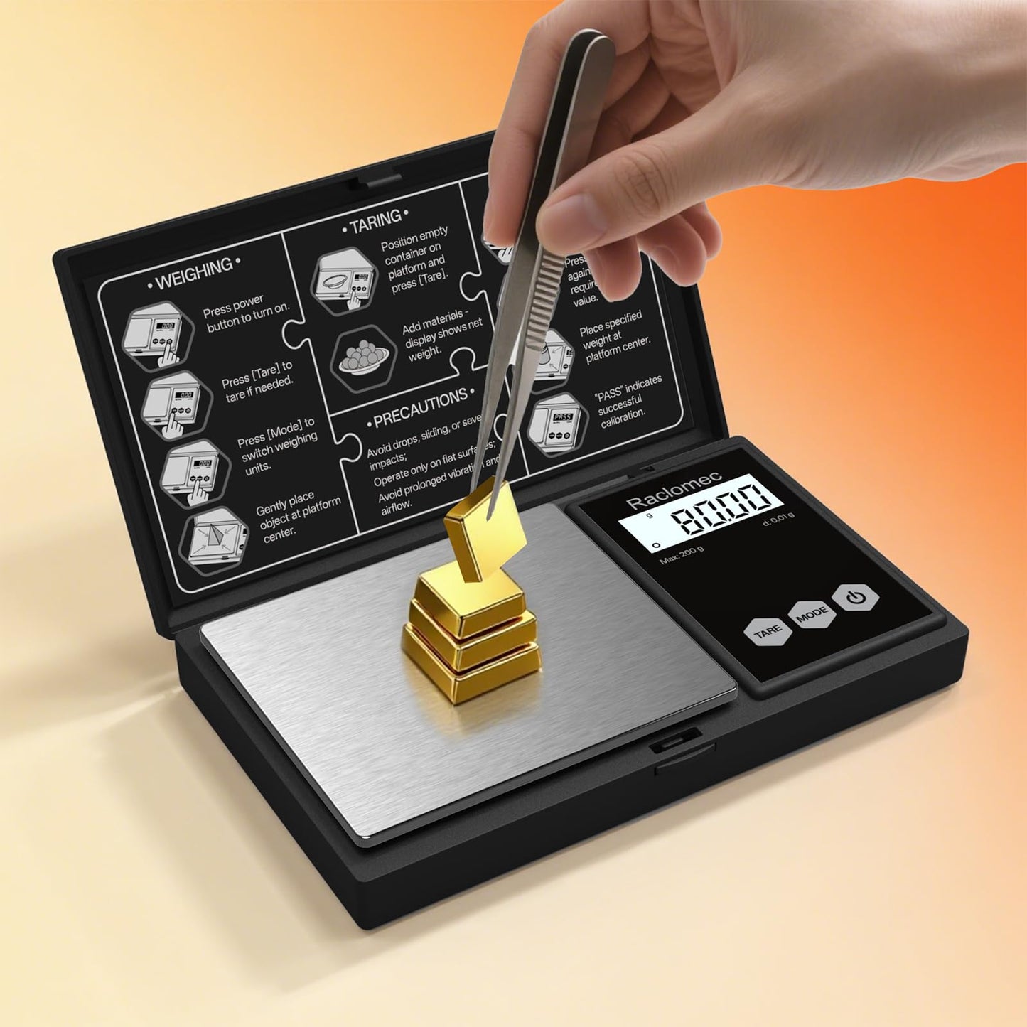 Raclomec Digital Gram Scale 200g x 0.01g Jewelry Scale, Gram, Ounce, Carat, Grain, for Food, Ingredients, Gemstone, Gold Coin, Spice, Medicine and Powder Weighing