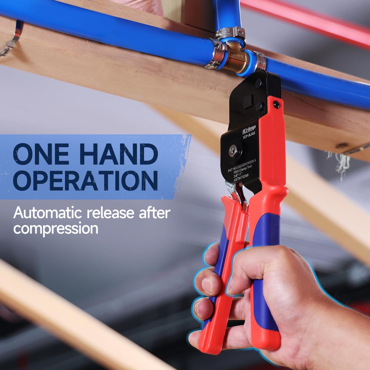 iCrimp One-Hand Crimping Tool Meets ASTM F2098, PEX Clamp Cinch Tool Kit with 20PCS 1/2-in, 10PCS 3/4-in PEX Clamps and Pipe Cutter- All in One