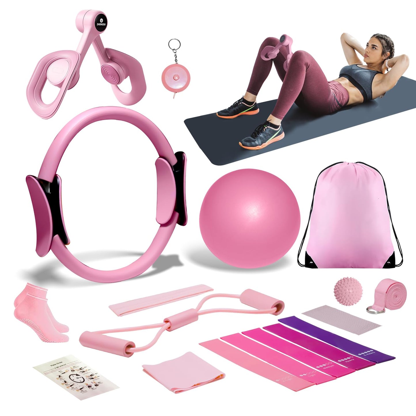 Pilates Ball and Ring Set for Women, At Home Pilates Kit with Thigh Master, 5 level Resistance Bands, Yoga Ball & Muscle Massage Ball, 18 Pcs Pilates Essential Kit for Toning Fitness Workout Equipment