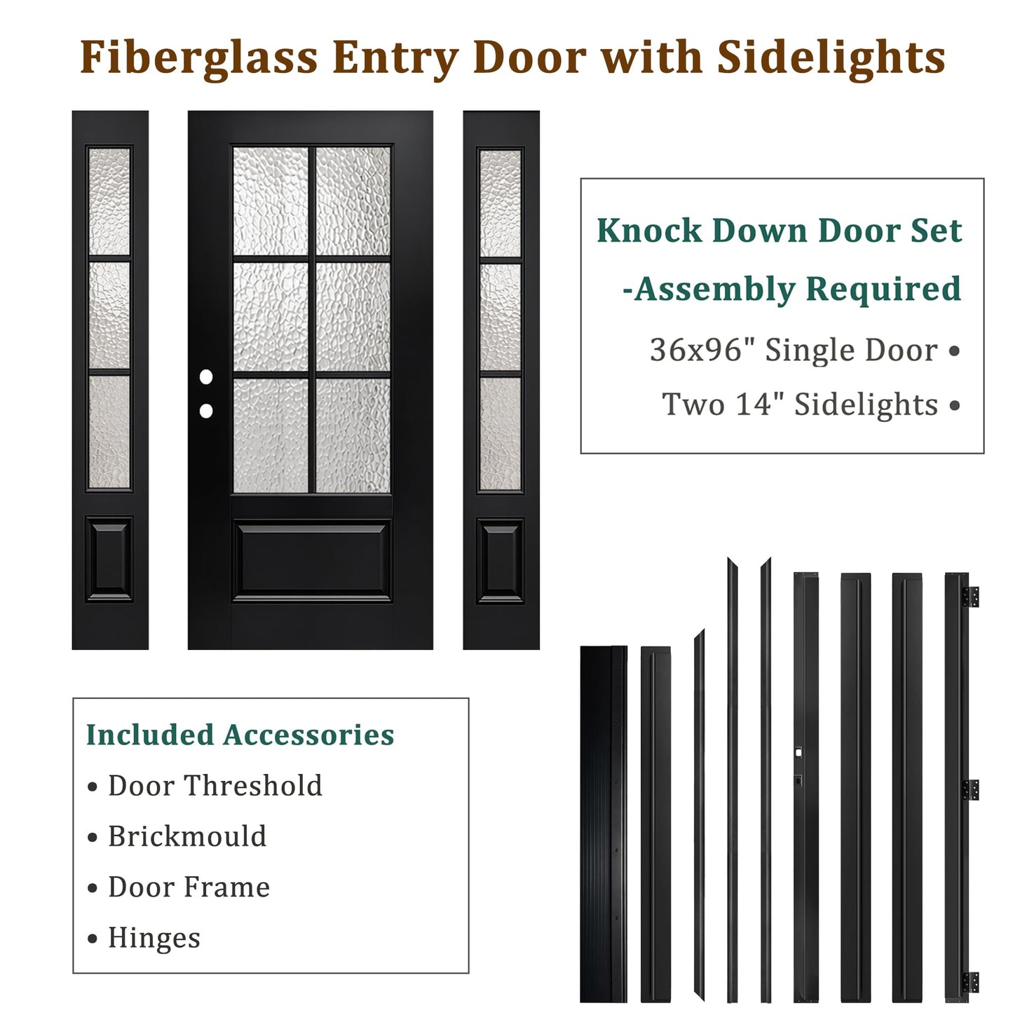 68x96in Fiberglass Front Door with 14in Sidelight, Black Exterior Entry Door for Home, Right-Hand Inswing, Textured Finished with Hammered Glass Knock-Down Door, Vinyl Frame and Brickmould Included