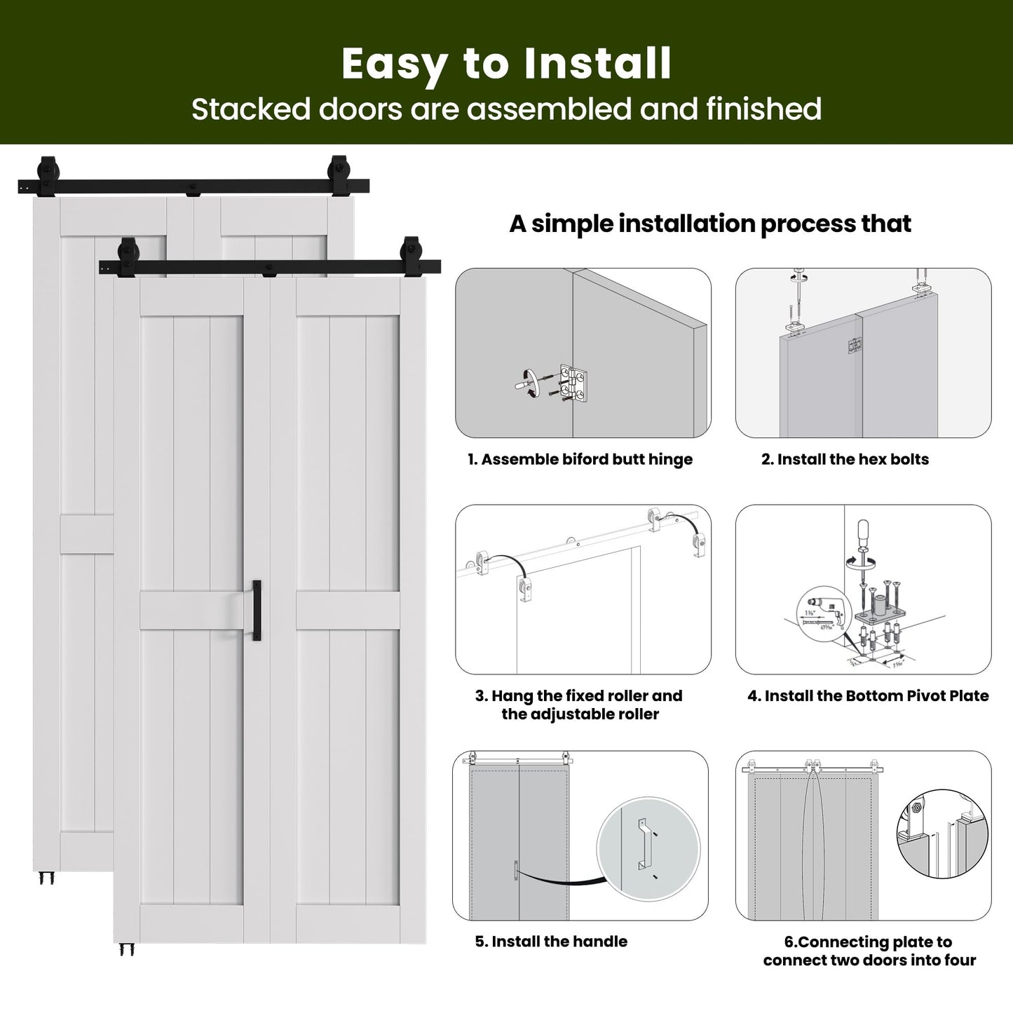 SMARTSTANDARD Bifold Barn Door 48'' x 84'',Bi-Fold Sliding Closet Doors with Hardware Kit Included,56'' Track Kit for 4 Doors,Waterproof & Quiet,Pre-Drilled Holes Easy Assembly,White