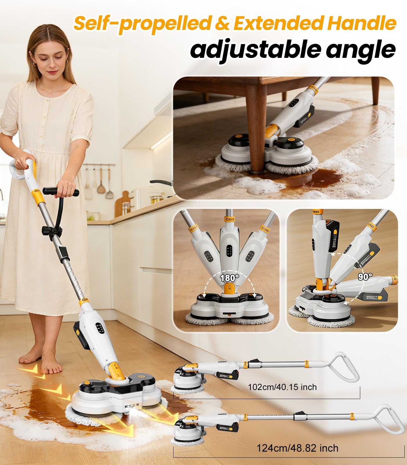 qimedo Battery Electric Mop M3, 800RPM Cordless Electric Power Scrubber & Mops for Floor Cleaning, Best Automatic Spin Mops with Smart Display,Rotating Mop with LED Light & Water Spray