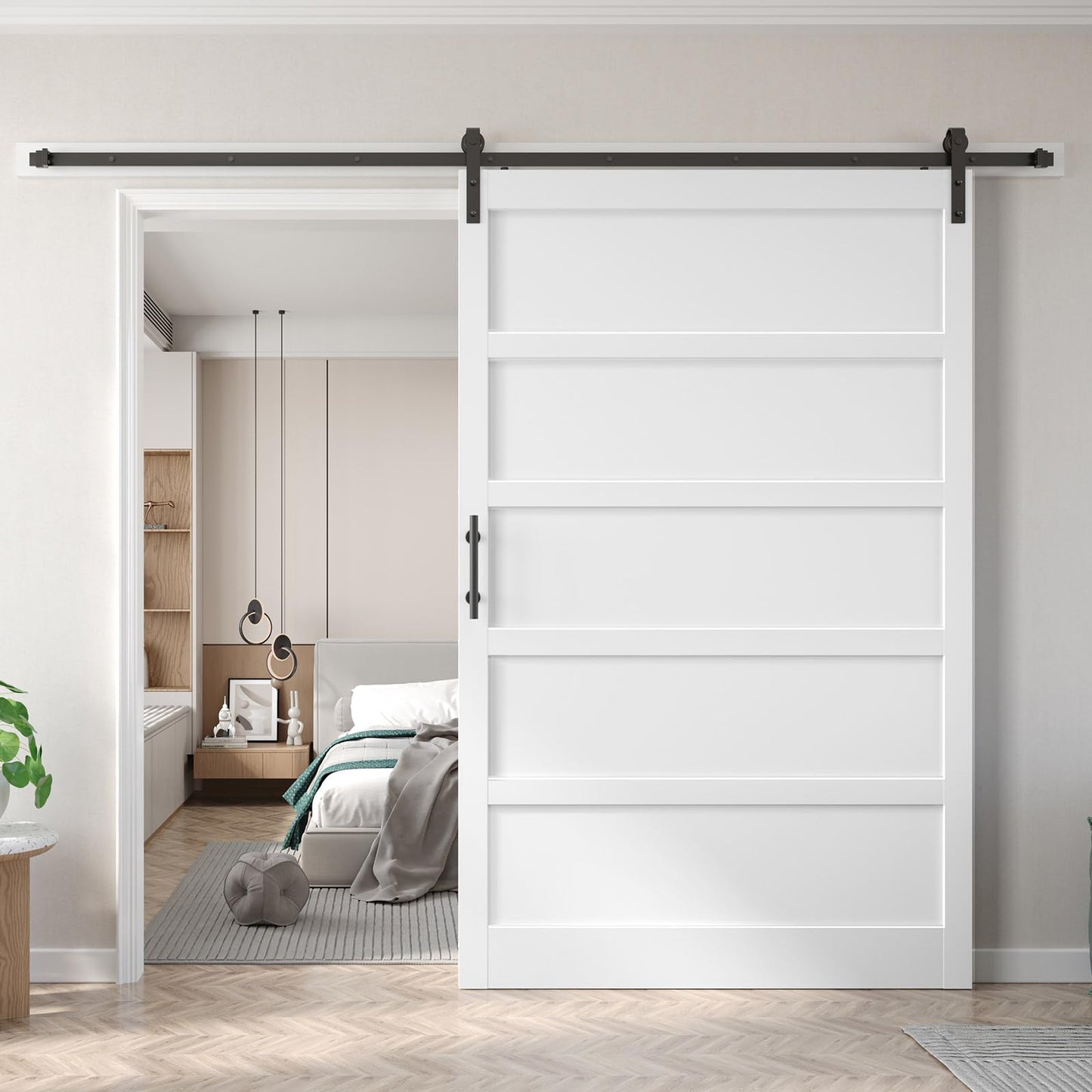 Fredbeck 60inx80in Barn Door White with 10FT Sliding Door Hardware Kit Included & Handle,MDF,Solid PVC Surface,DIY Assembly,5-Panel