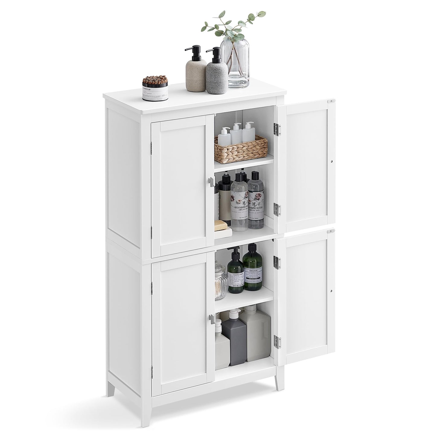 VASAGLE Floor Storage Cabinet, Freestanding Storage Unit with 4 Doors, Adjustable Shelves, 11.8 x 23.6 x 43.3 Inches, for Entryway, Bathroom, White UBBC552P31