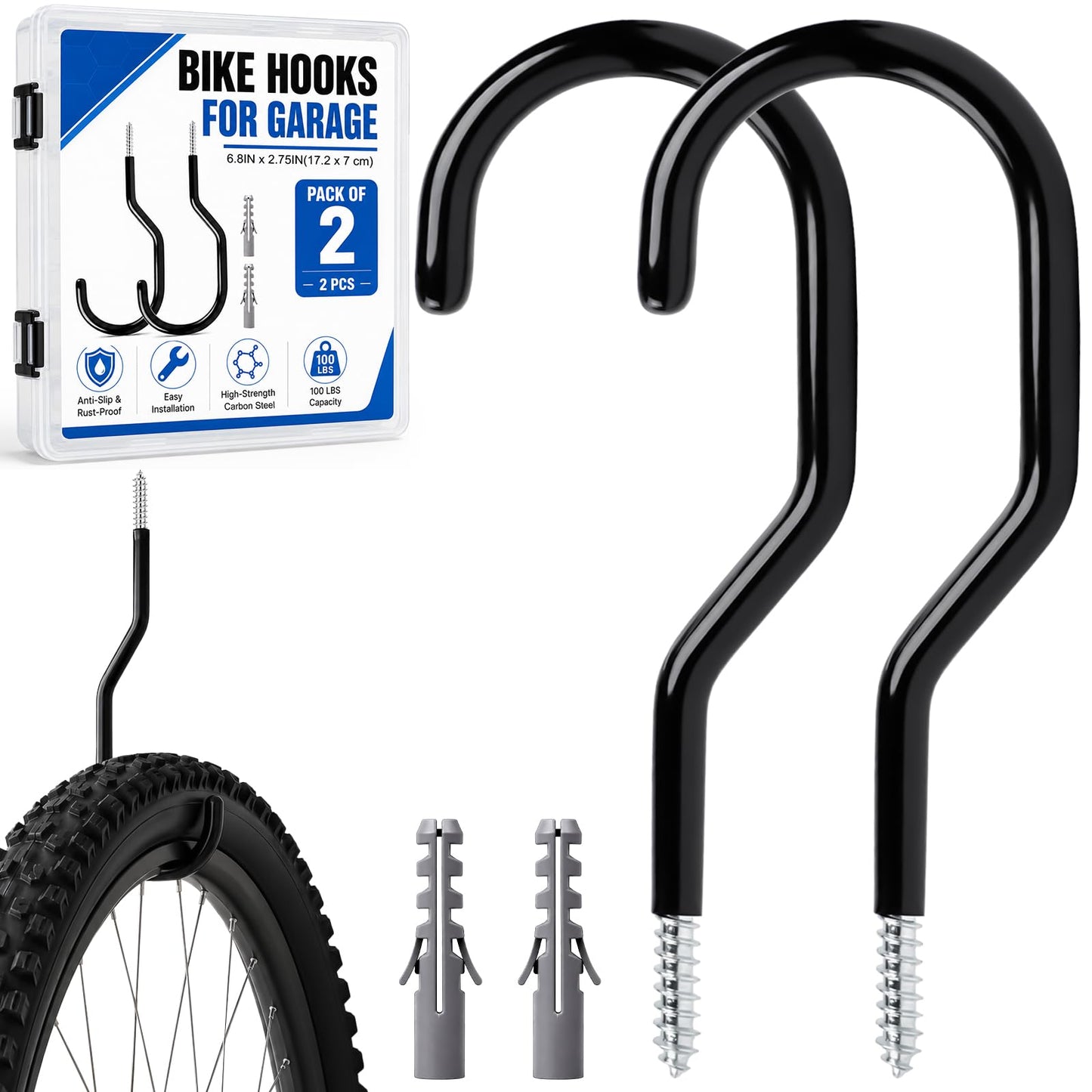 Garage Hooks Heavy Duty, Bike Hooks for Garage Wall Ceiling Mount, 100lbs Capacity Carbon Steel Bicycle Hangers with Anchors, Wide Opening Utility Storage Hooks for Mountain Road Bike Ladder 2 Pack