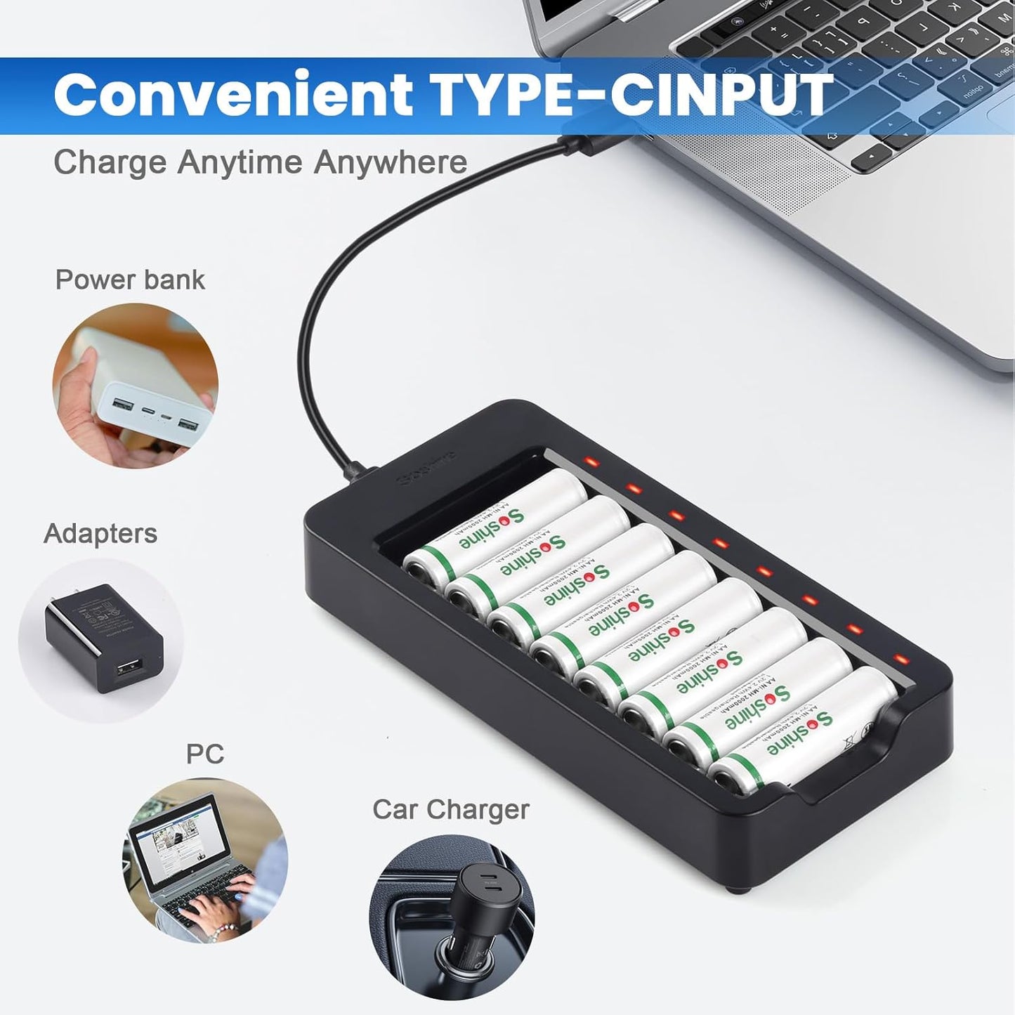 Soshine 5V 2A 8 AA AAA Battery Charger with Adapter, Bay Smart Charger with LED Indicators, Independent Slots USB-C