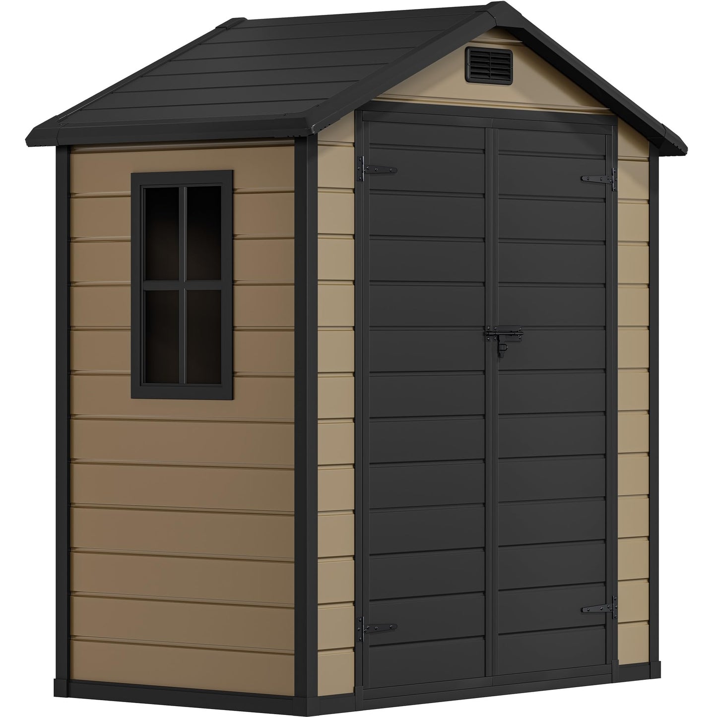 DWVO 6x4 FT Resin Storage Shed with Floor, Outdoor Storage Shed with Lockable Door, Window and Vents, Waterproof Plastic Tool Storage for Garden, Backyard, Patio, Lawn, Brown