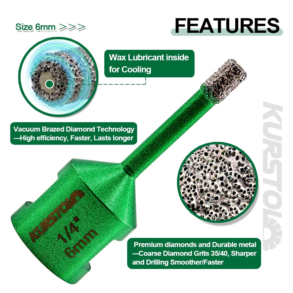 KURSTOL Tile Hole Saw Kit - 9pcs Diamond Core Drill Bits 6/6/8/20/25/35/50/65/100mm+4/5" Milling Finger Bit+2" Beveling Chamfer Bit+SDS Shank to 5/8"-11 Thread for Porcelain Ceramic Marble Granite