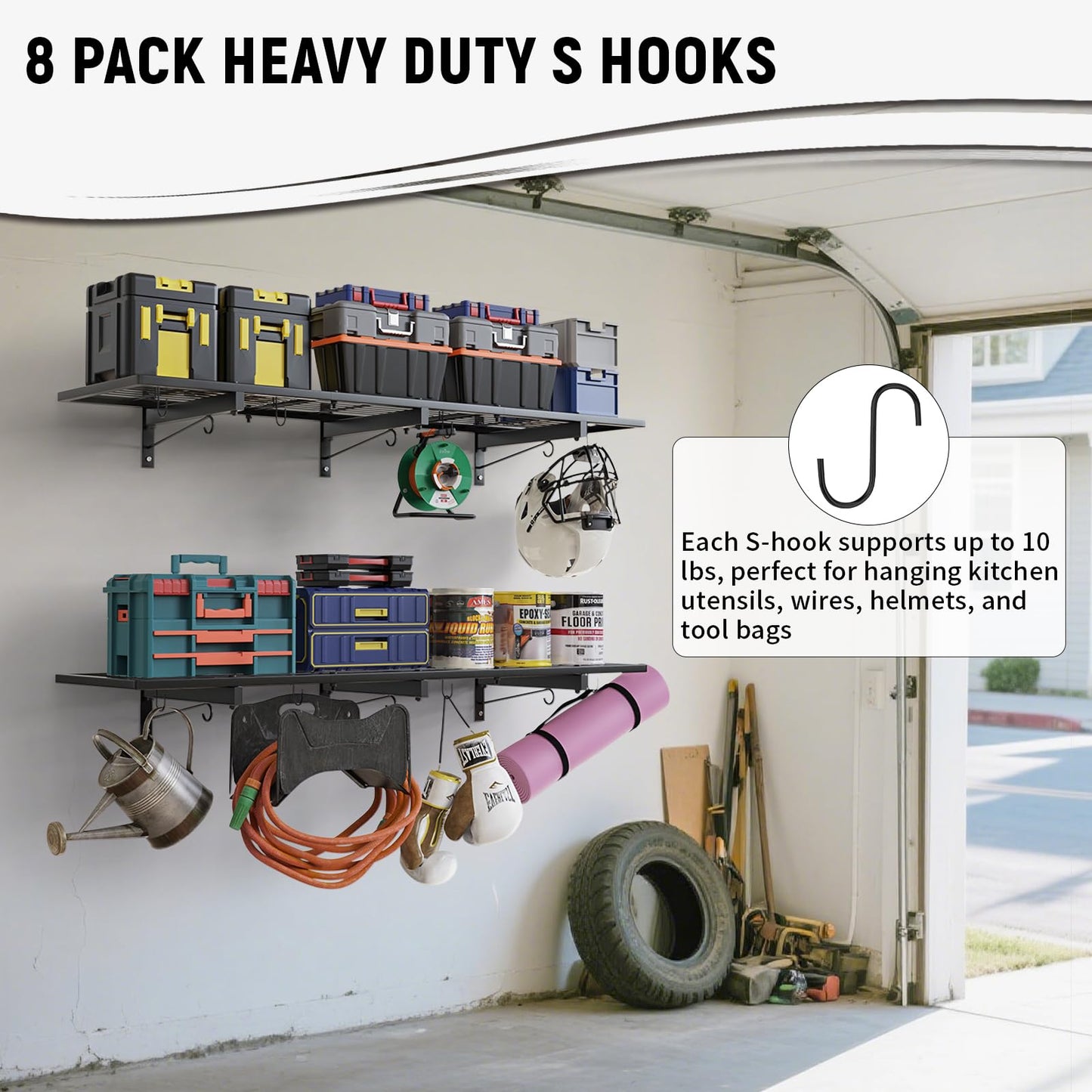 2 Pack Garage Wall Shelves, 46"X 12.5" Garage Shelving Wall Mounted, Heavy Duty Shelf Organizer with 8 Hooks, Black Floating Storage Metal Rack 320 LBS Capacity for Laundry Room, Office, Basement