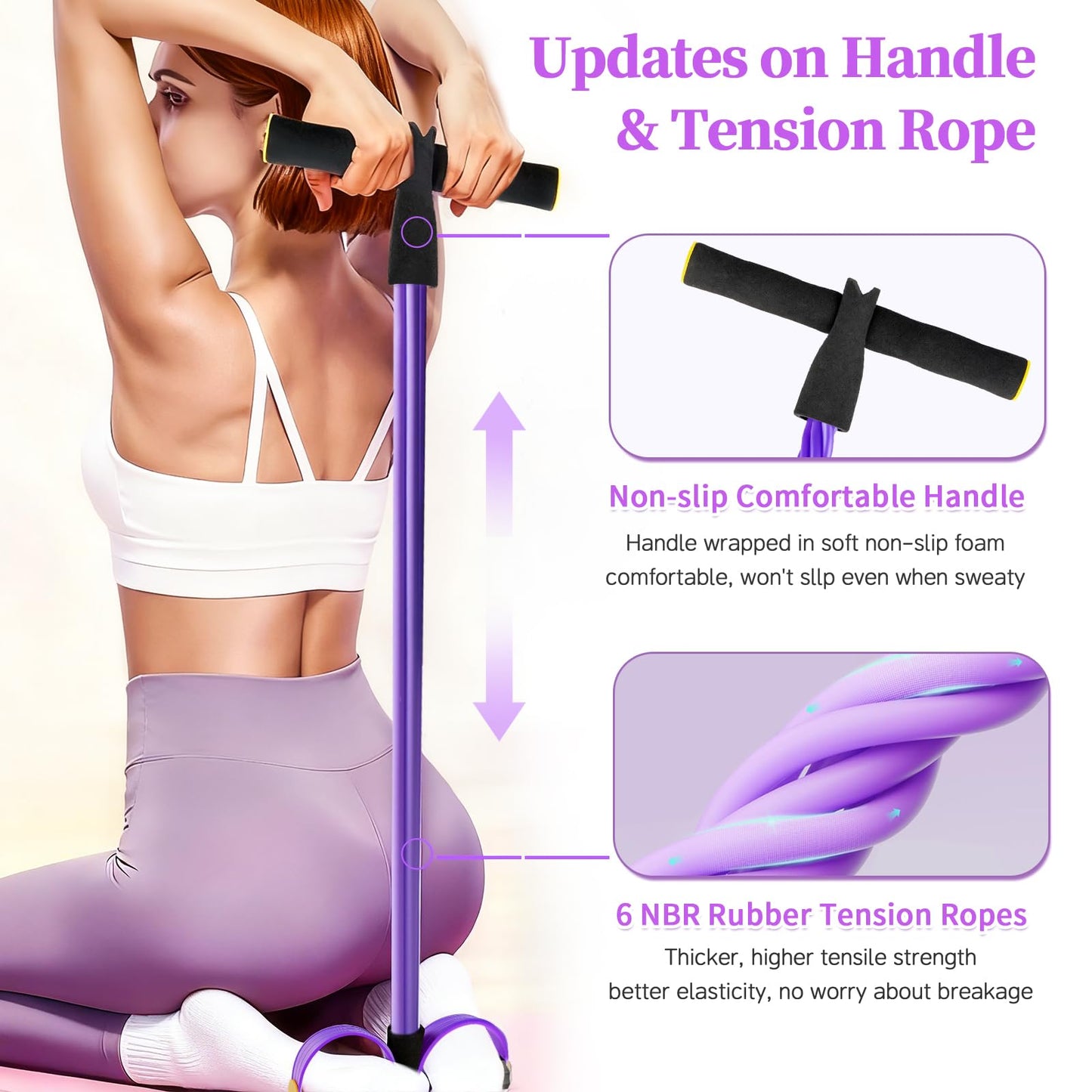 Pedal Resistance Bands with Handles, Upgrade 6-Tubes Manual Tension Training Pedal, Natural Rubber Foot Pedal Resistance Bands, Multifunction Fitness Bands for Abdomen, Waist, Arm, Leg (Purple)