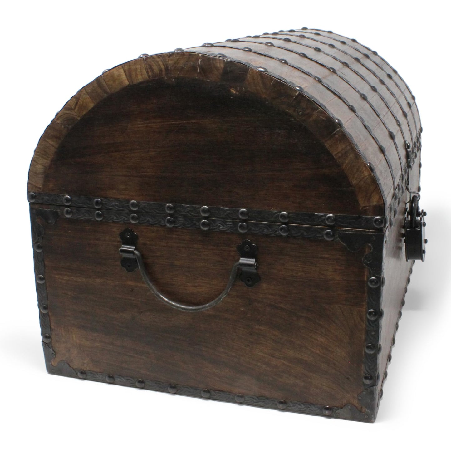 Nautical Cove Wood Treasure Chest with Decorative Rivets and Reinforcing Iron Strips with Lock and Skeleton Keys (Dark Antique, X-Large 16x12x12) – Wooden Keepsake Box, Pirate Decor, Storage Chest