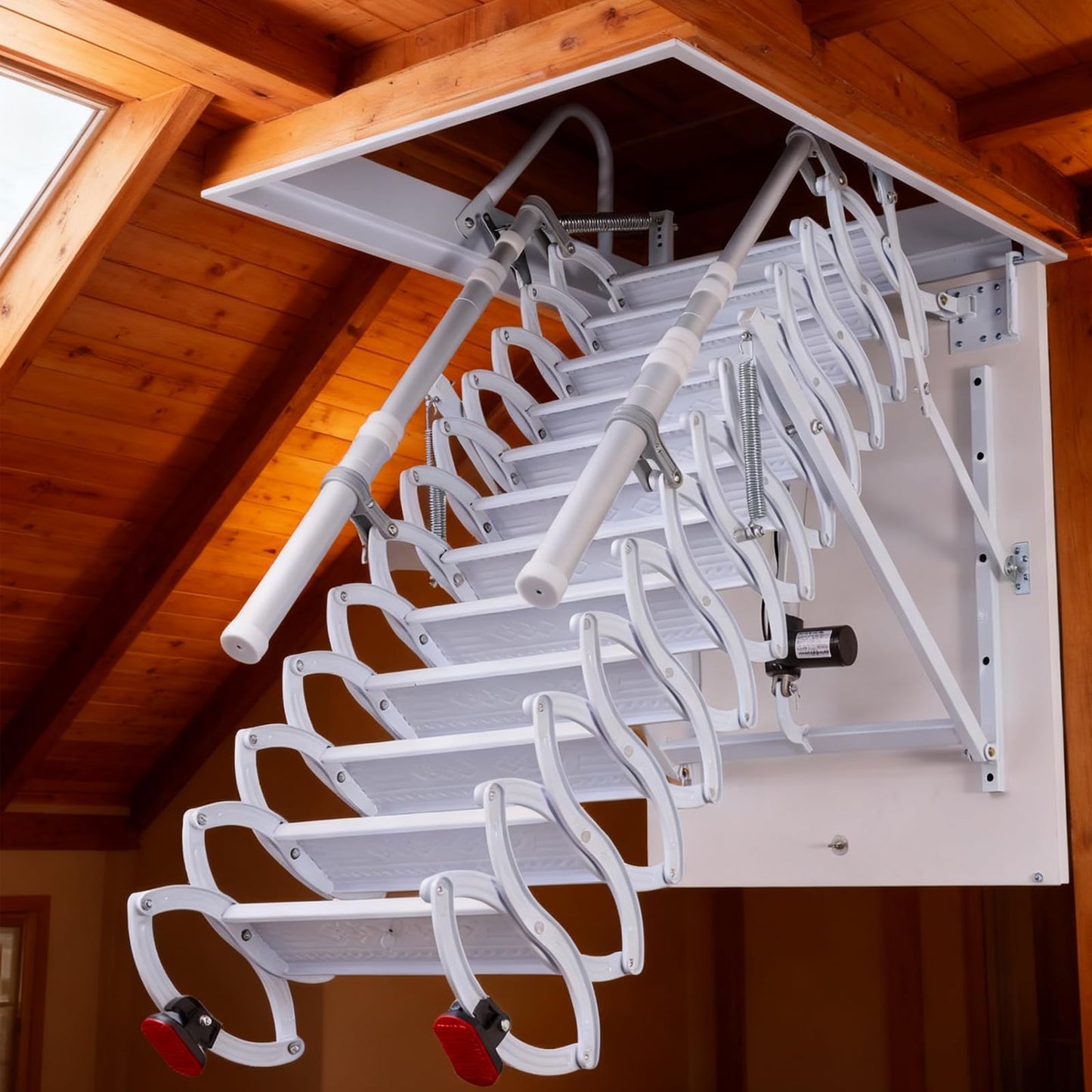 9.8ft Electirc Attic Ceiling Ladder, Pull Down Attics Ladder with Handrails, Folding Retractable Loft Ladders, Invisible Telescoping Attic Stairs, Extension Steps Staircase for Garage, Home, Basement