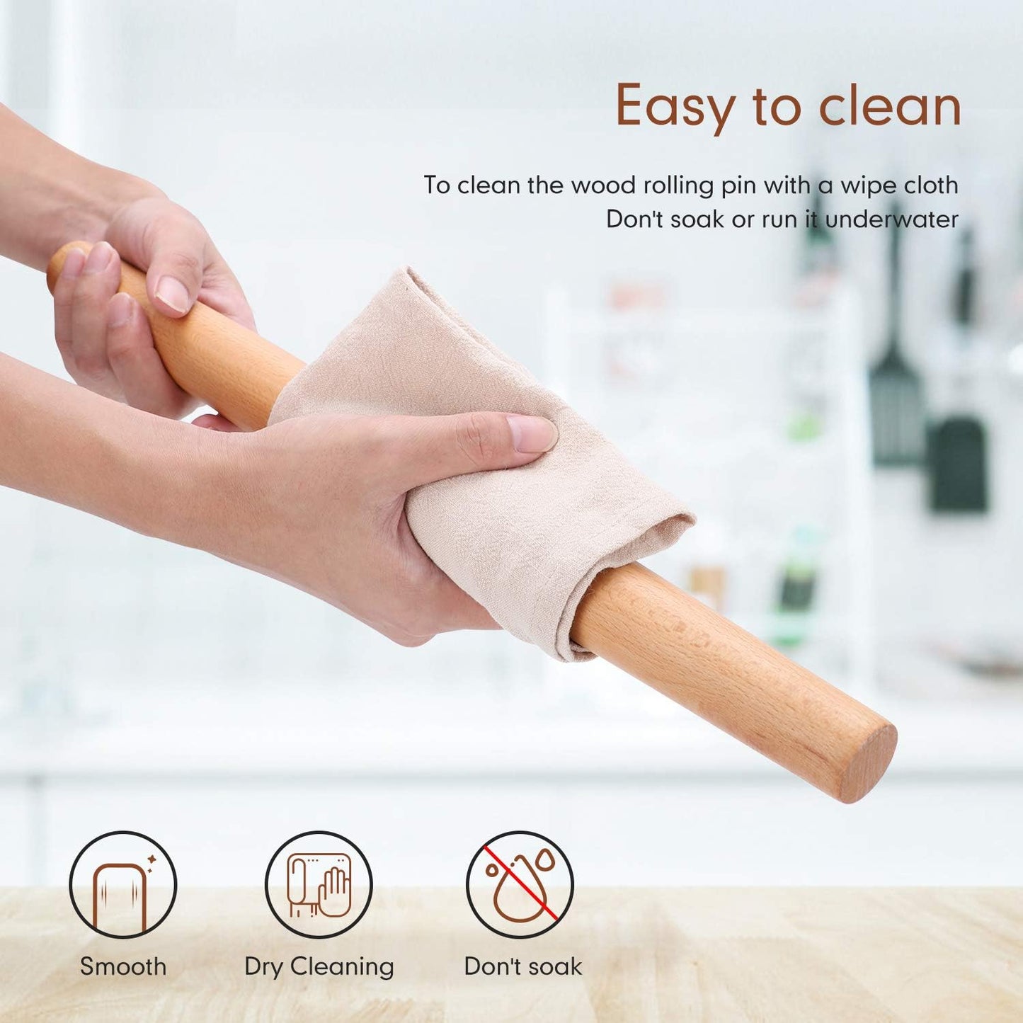 QUELLANCE Wood Rolling Pin - Beech Wood Dough Roller with Silicone Baking Mat | Perfect for Pizza, Pastries & Cookies
