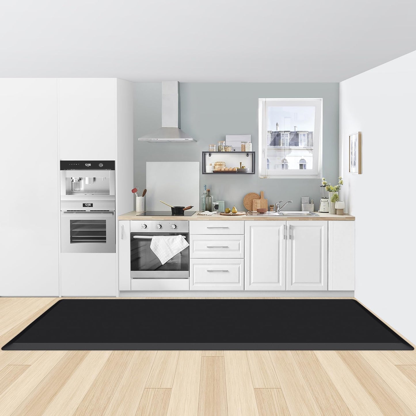 KitchenClouds Kitchen Mat Cushioned Anti Fatigue Rug 30"x108" Water Resistant, Non Slip, Standing and Comfort Desk/Floor Mats for House Sink Office (Black,0.8inch)