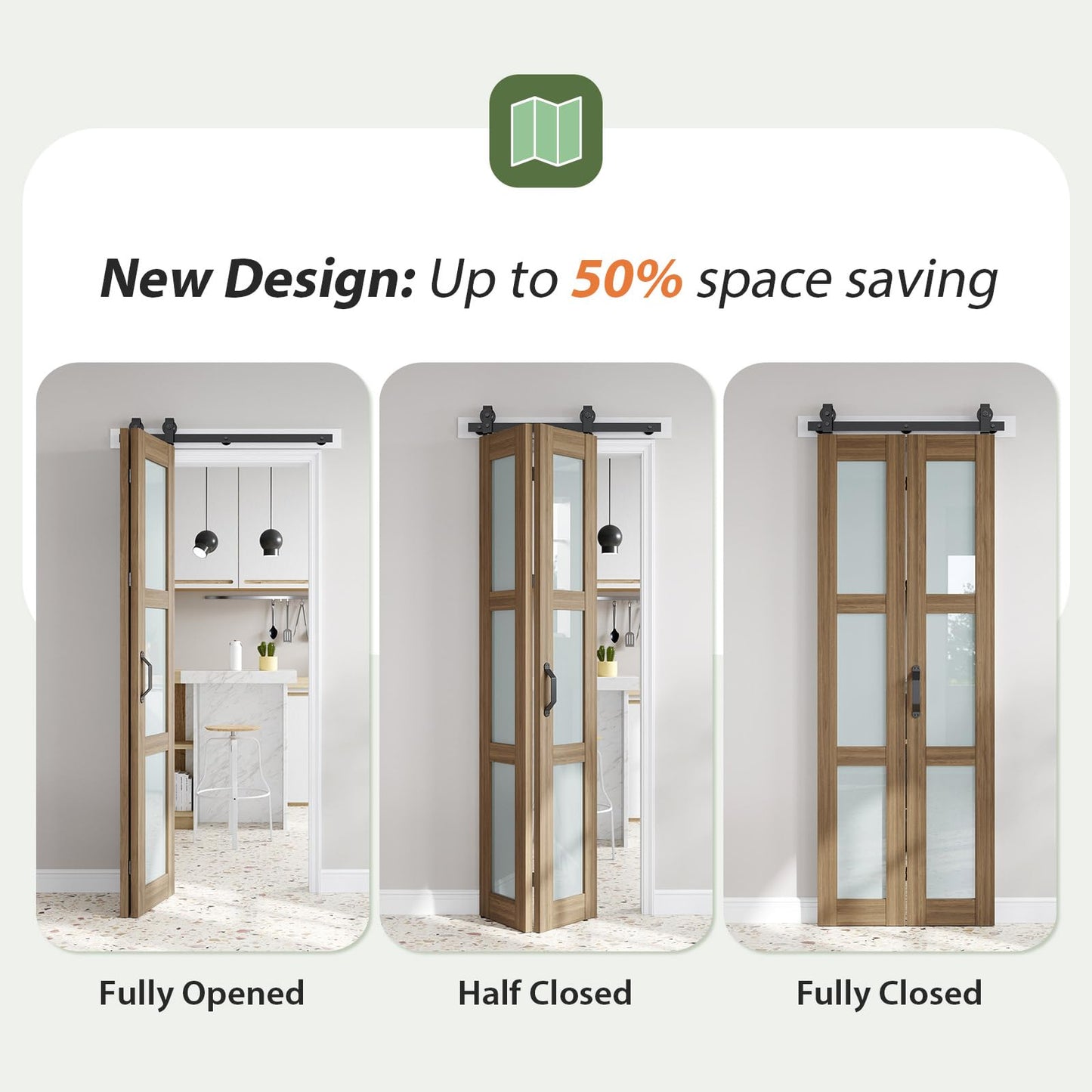 FREDBECK Glass Bifold Barn Doors 32X84(Double 16x84) with Hardware Kit Included, Brown,Water-Proof PVC Surface for Bedroom,Bathroom,Assembly Required